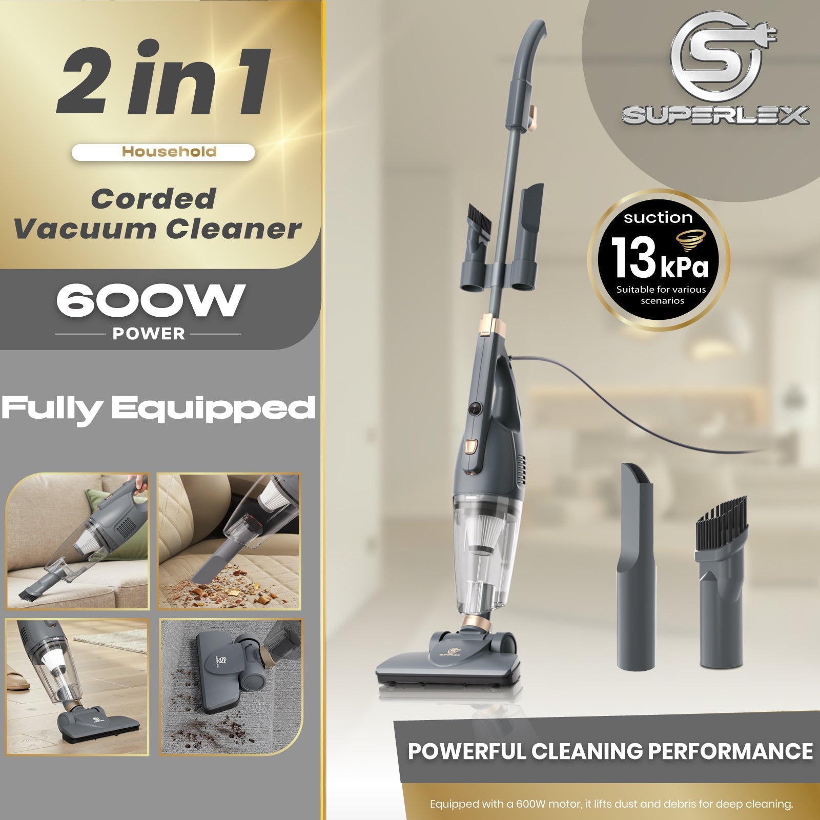 2-in-1 Stick Vacuum Cleaner – Powerful Suction with HEPA Filtration & Multi-Surface Tools