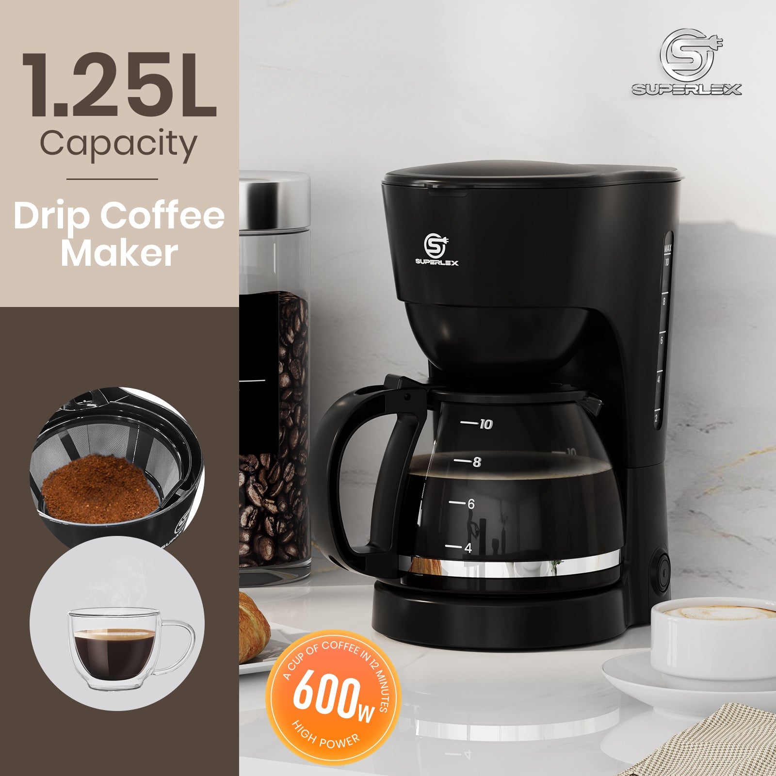 600W Drip Coffee Maker with 1.25L Glass Carafe & Anti-Drip Function