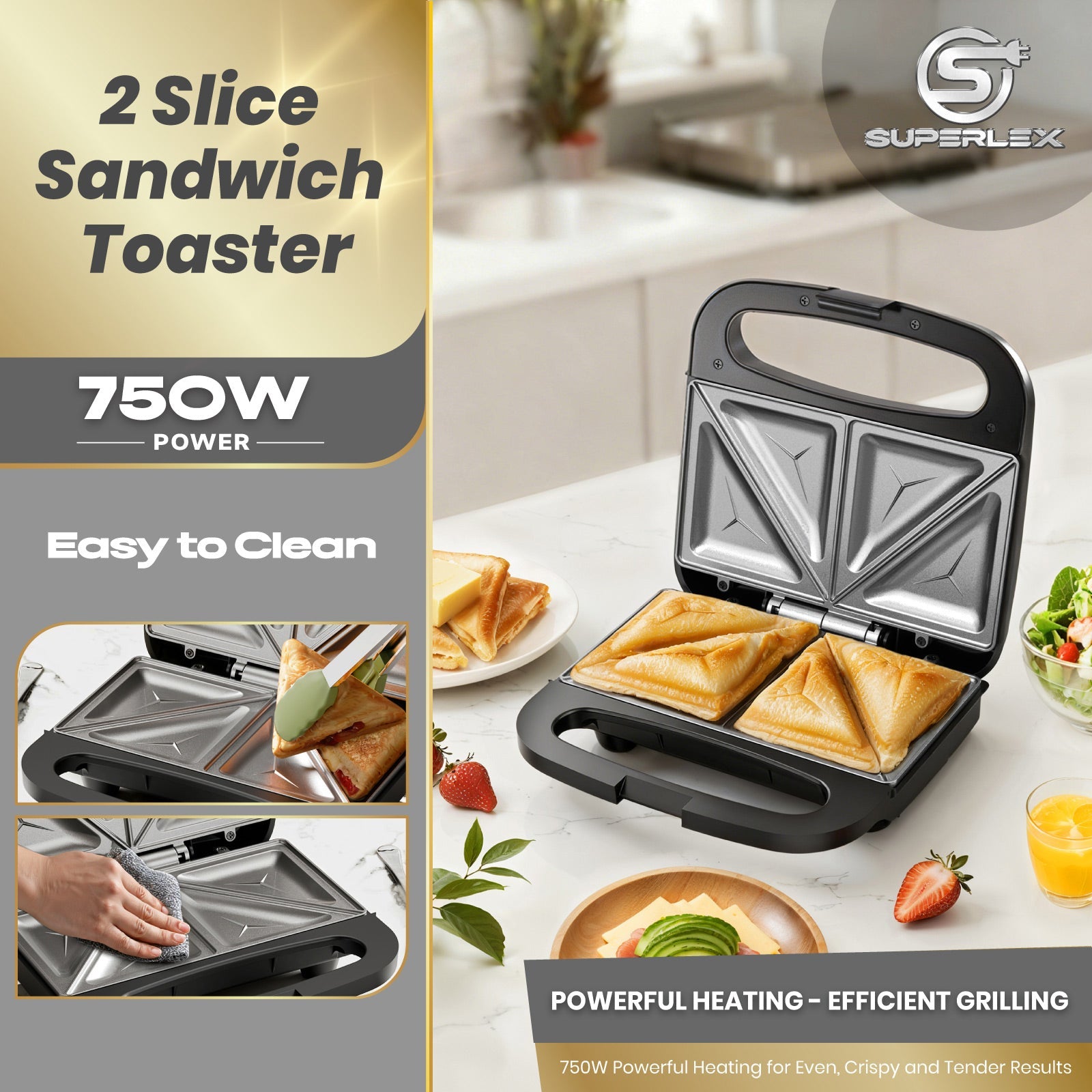 750W 2-Slice Sandwich Maker with Non-Stick Plates & Auto Temperature Control