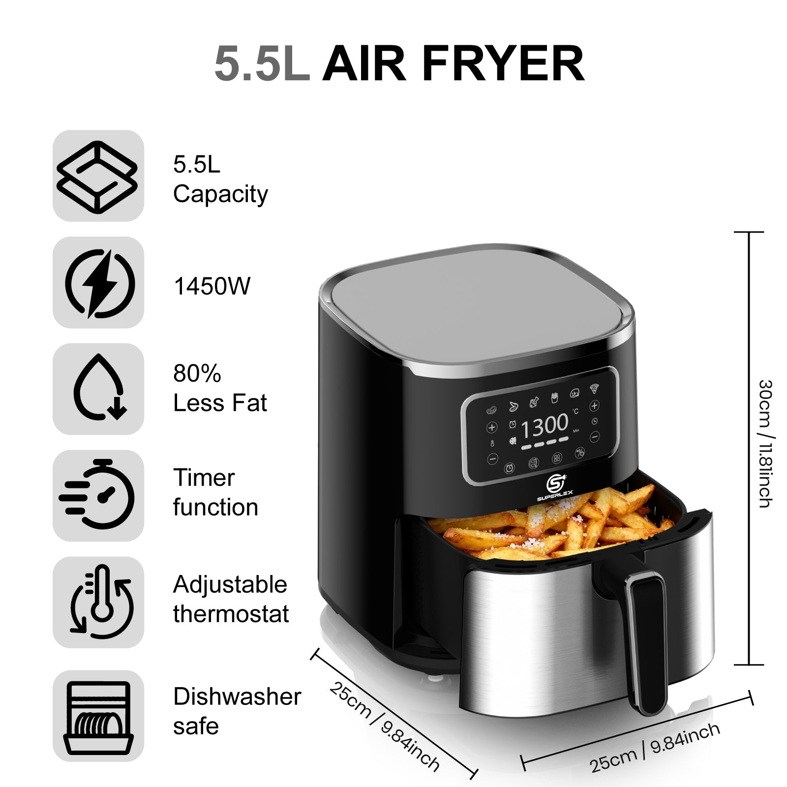 5.5L Digital Stainless Steel Air Fryer 1300W with Timer & Viewing Window