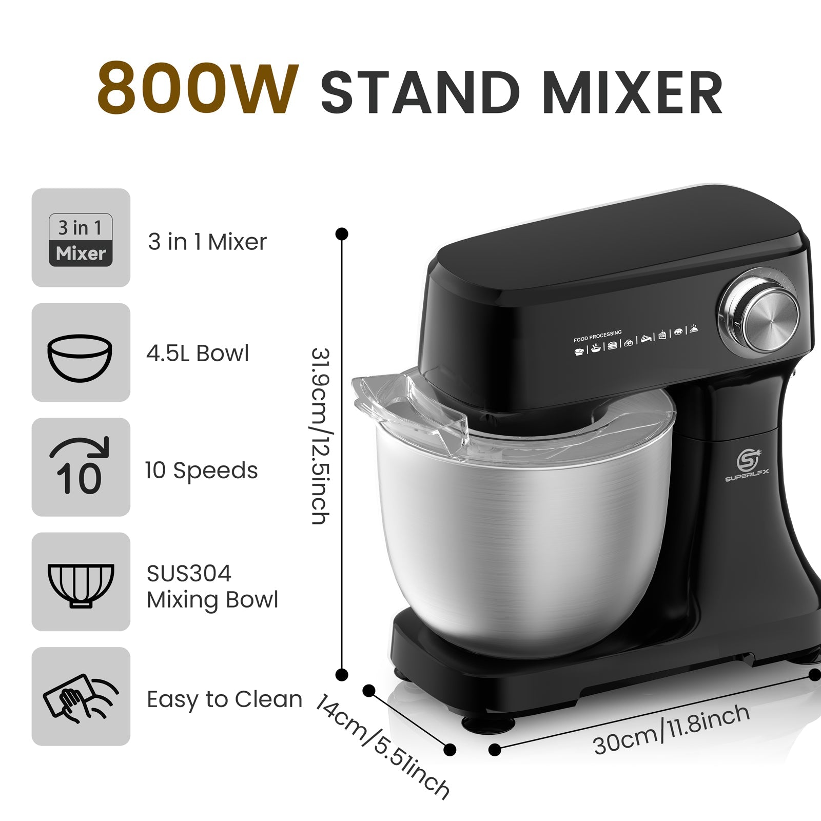 800W Stand Mixer with 4.5L Stainless Steel Bowl & 10-Speed Control