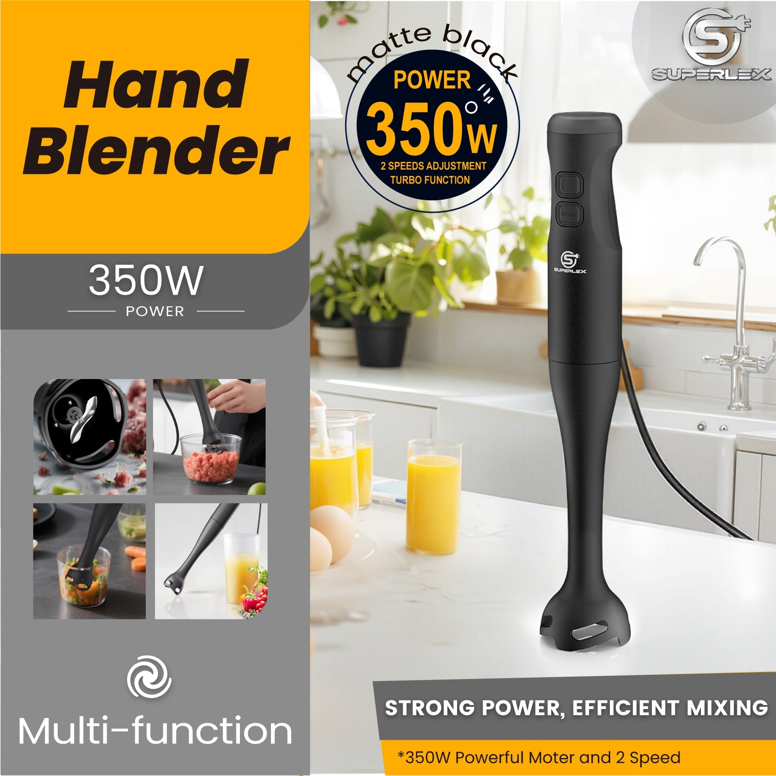 350W Stick Blender 3-in-1 with Stainless Steel Blades & Dual Speed