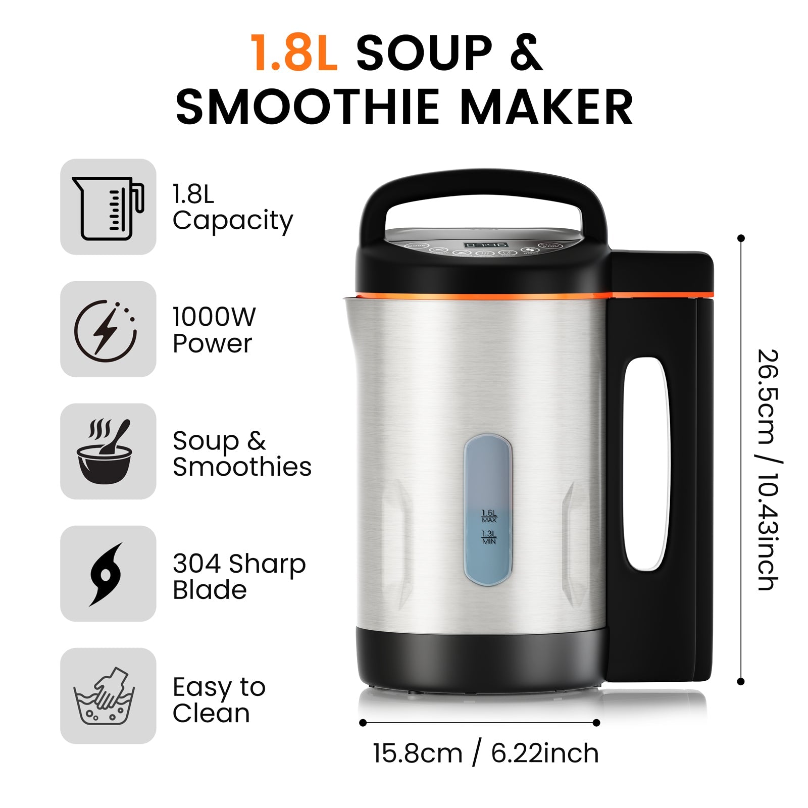 1.3-1.8L Stainless Steel Soup Maker with Smooth & Chunky Functions
