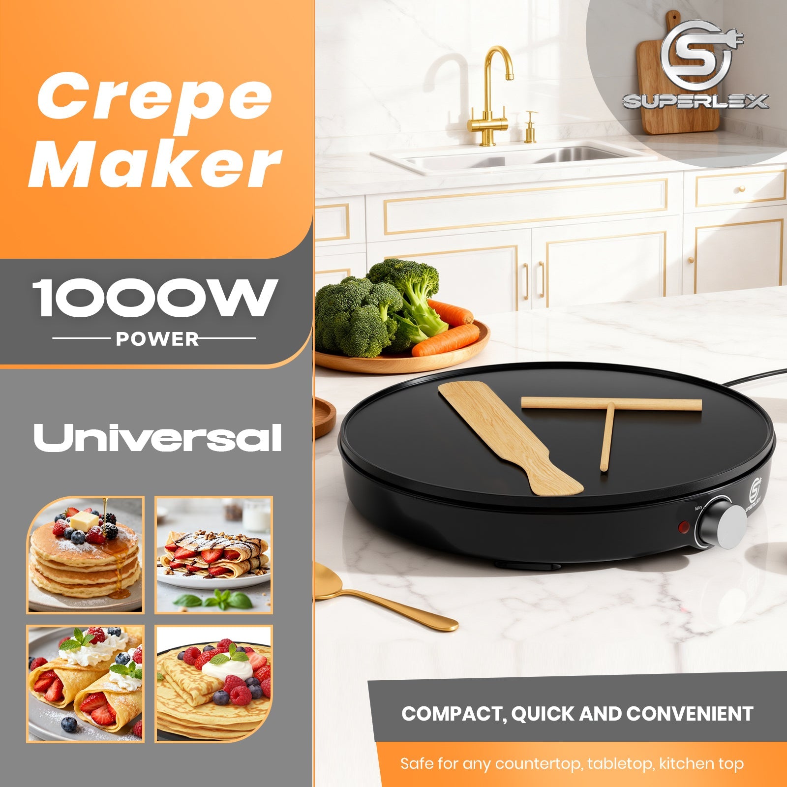 1000W Crepe Maker with Non-Stick Plates & Adjustable Temperature Control