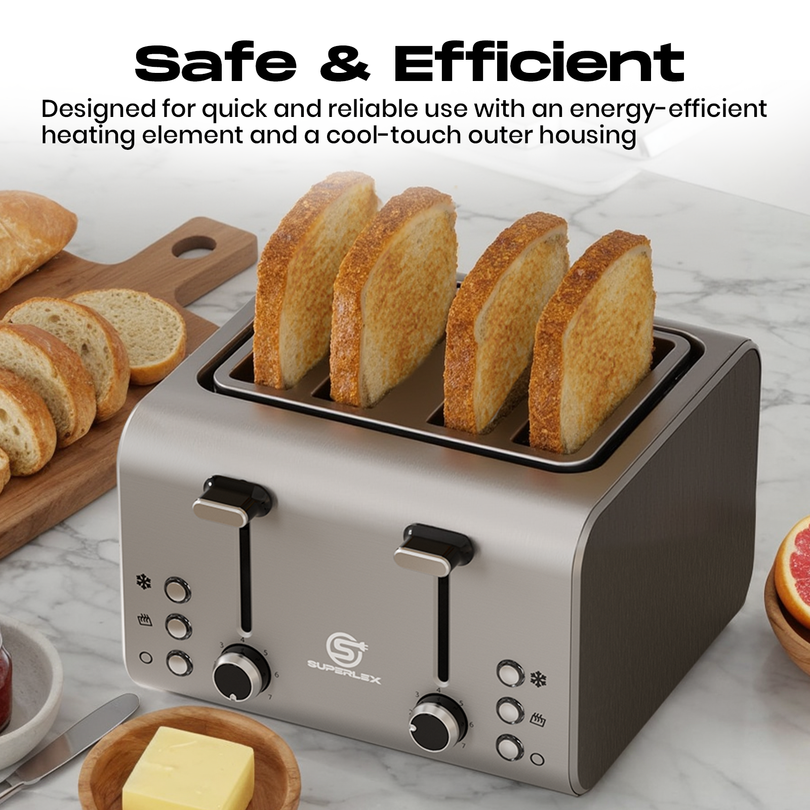 4-Slice Stainless Steel Toaster 1400-1600W with Digital Display & Multi-Function Settings