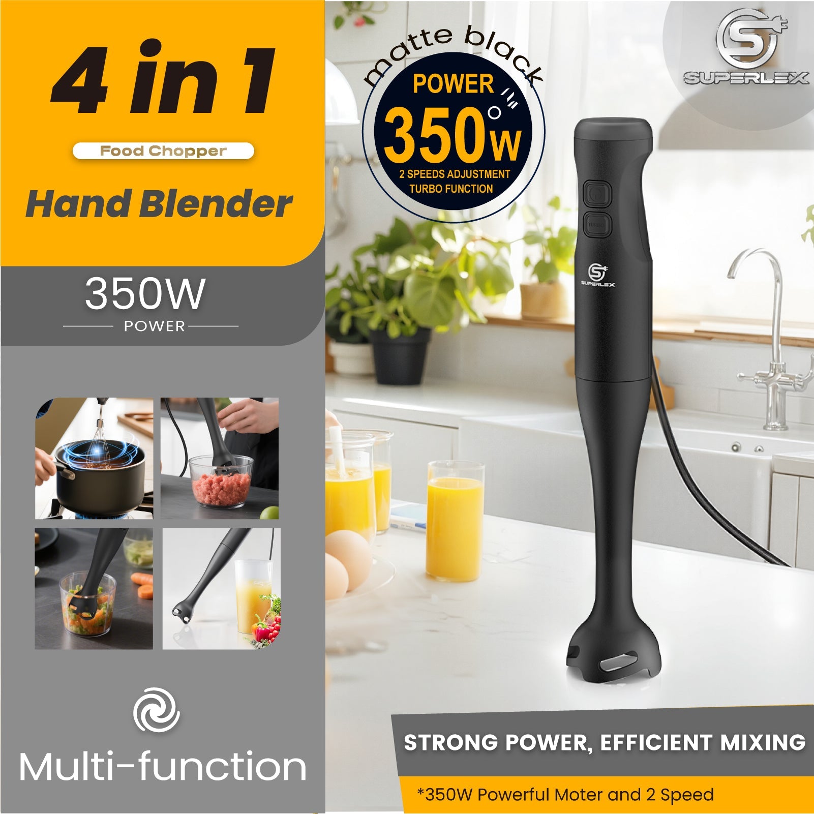 350W 3-in-1 Hand Blender with Chopper & Whisk Attachments