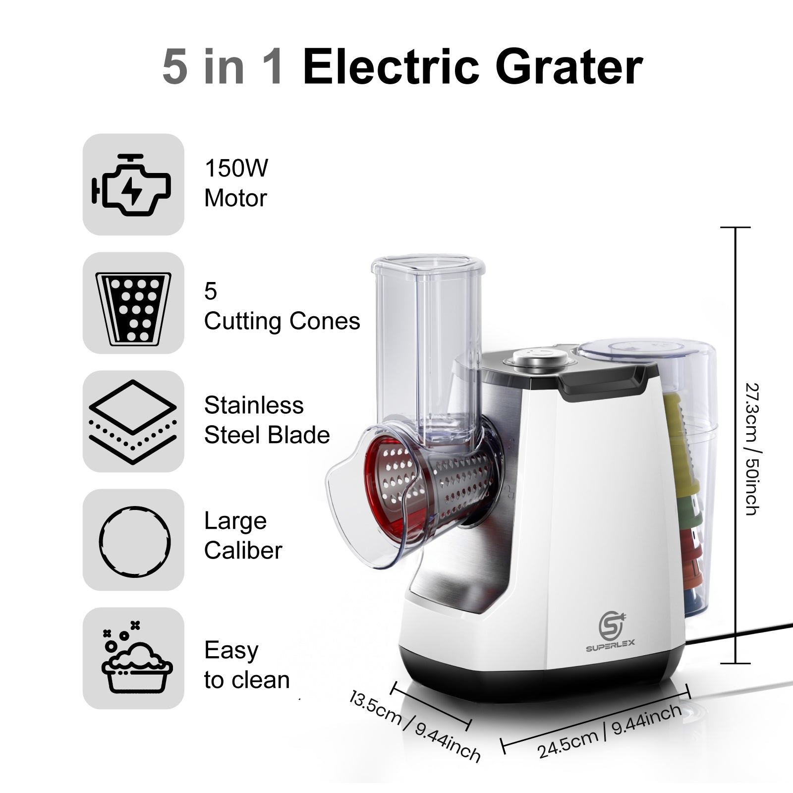 5-in-1 Electric Vegetable Slicer with 5 Interchangeable Blades for Fruits, Vegetables and Cheese