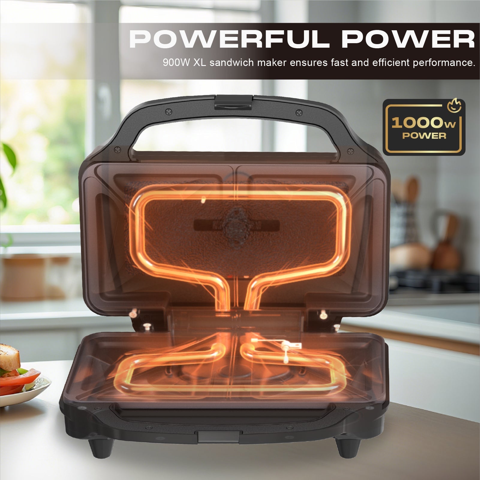 Stainless Steel XL Sandwich Maker 900W with Non-Stick Plates & Cool-To