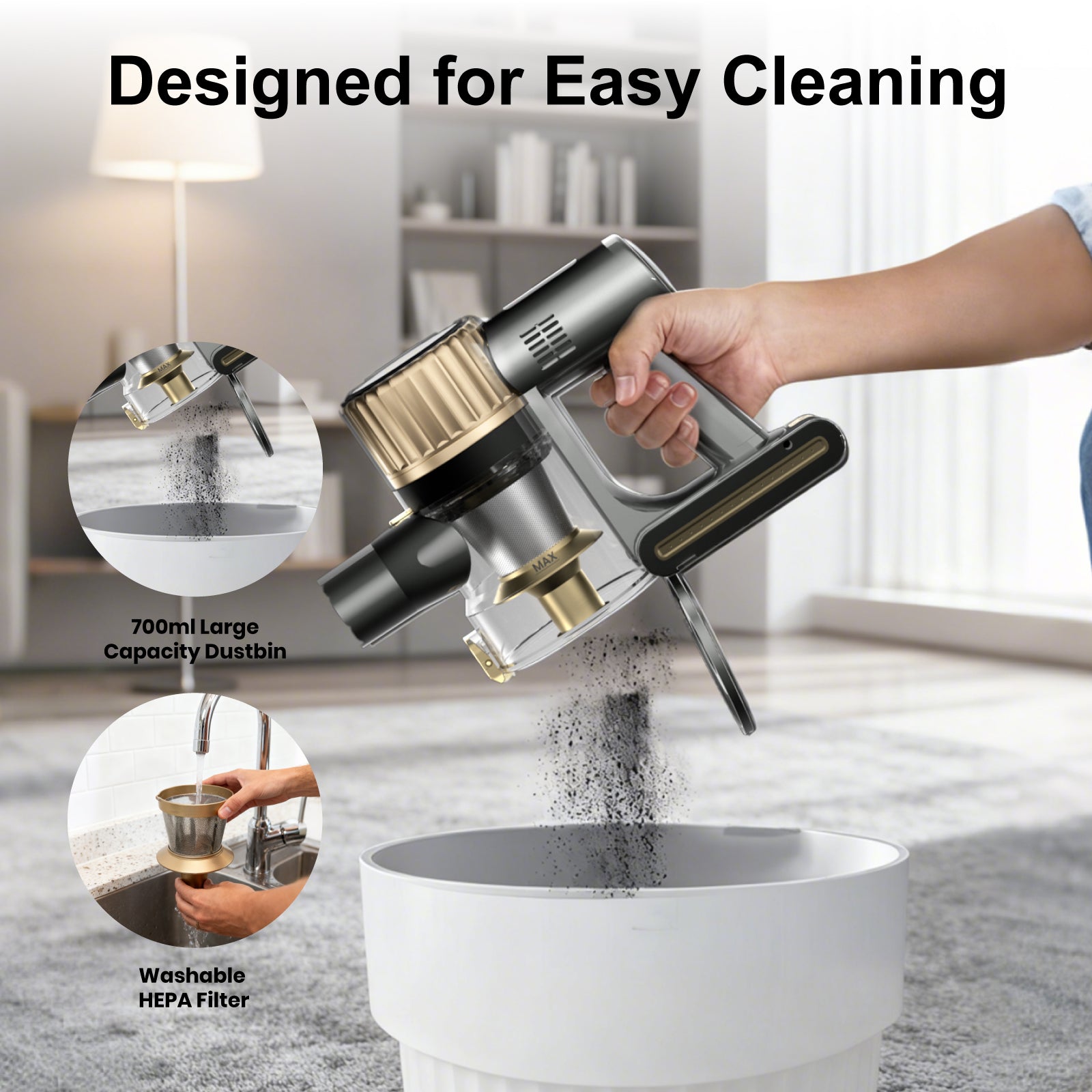 2-in-1 Cordless Vacuum Cleaner – 150W Powerful Suction with 700ml Dust