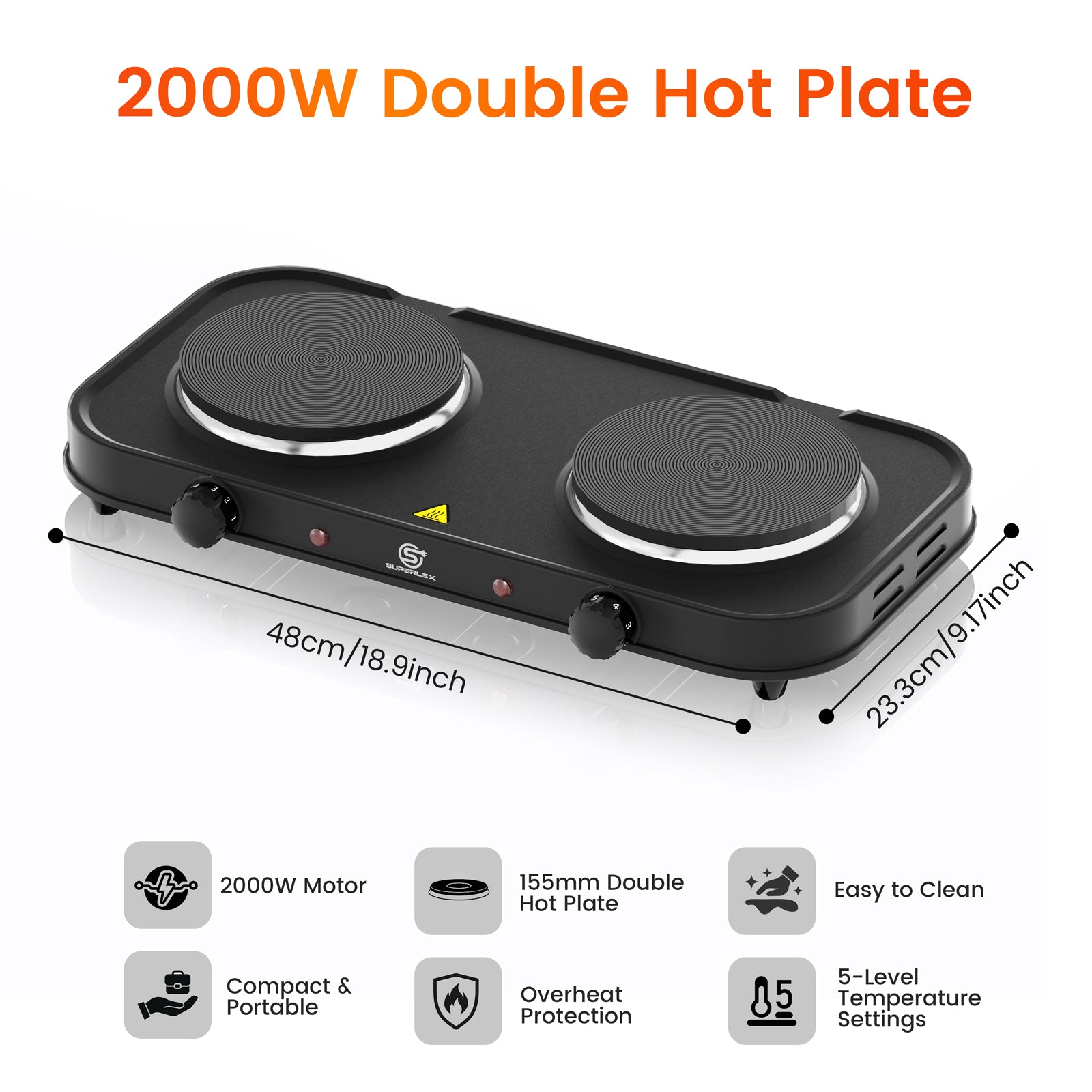 Double Hot Plate 2000W with Dual Cast Iron Hobs & Independent Temperature Control