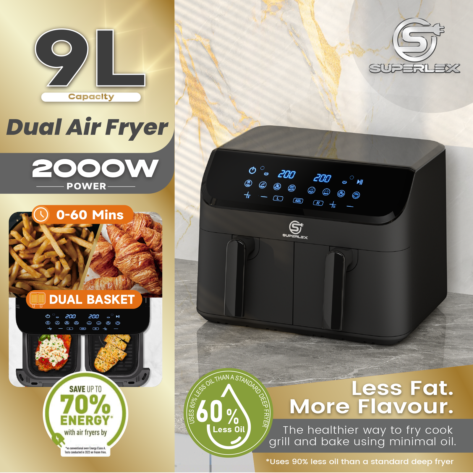 9L Double Air Fryer with Dual Pots, Adjustable Temperature & 30-Min Timer