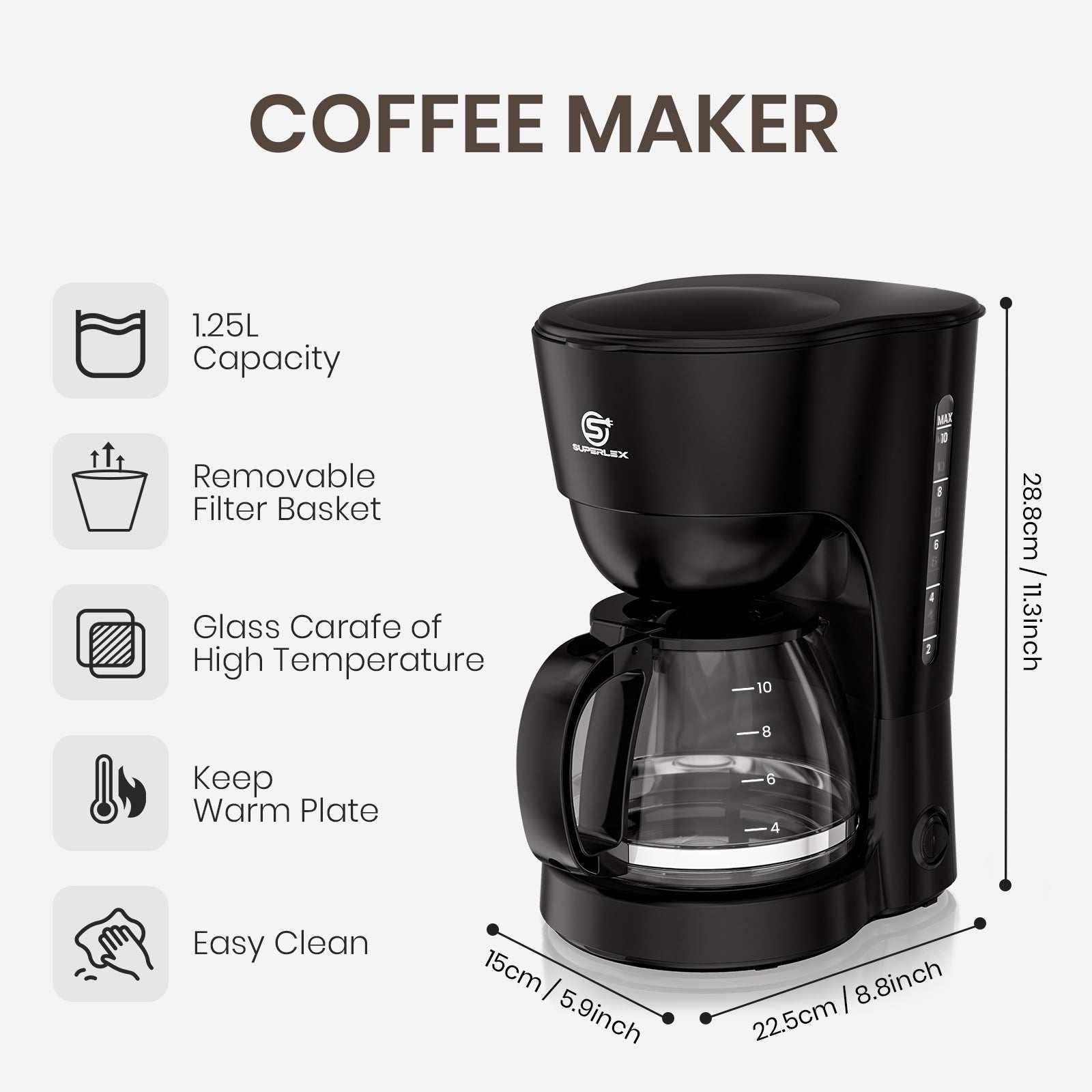 600W Drip Coffee Maker with 1.25L Glass Carafe & Anti-Drip Function