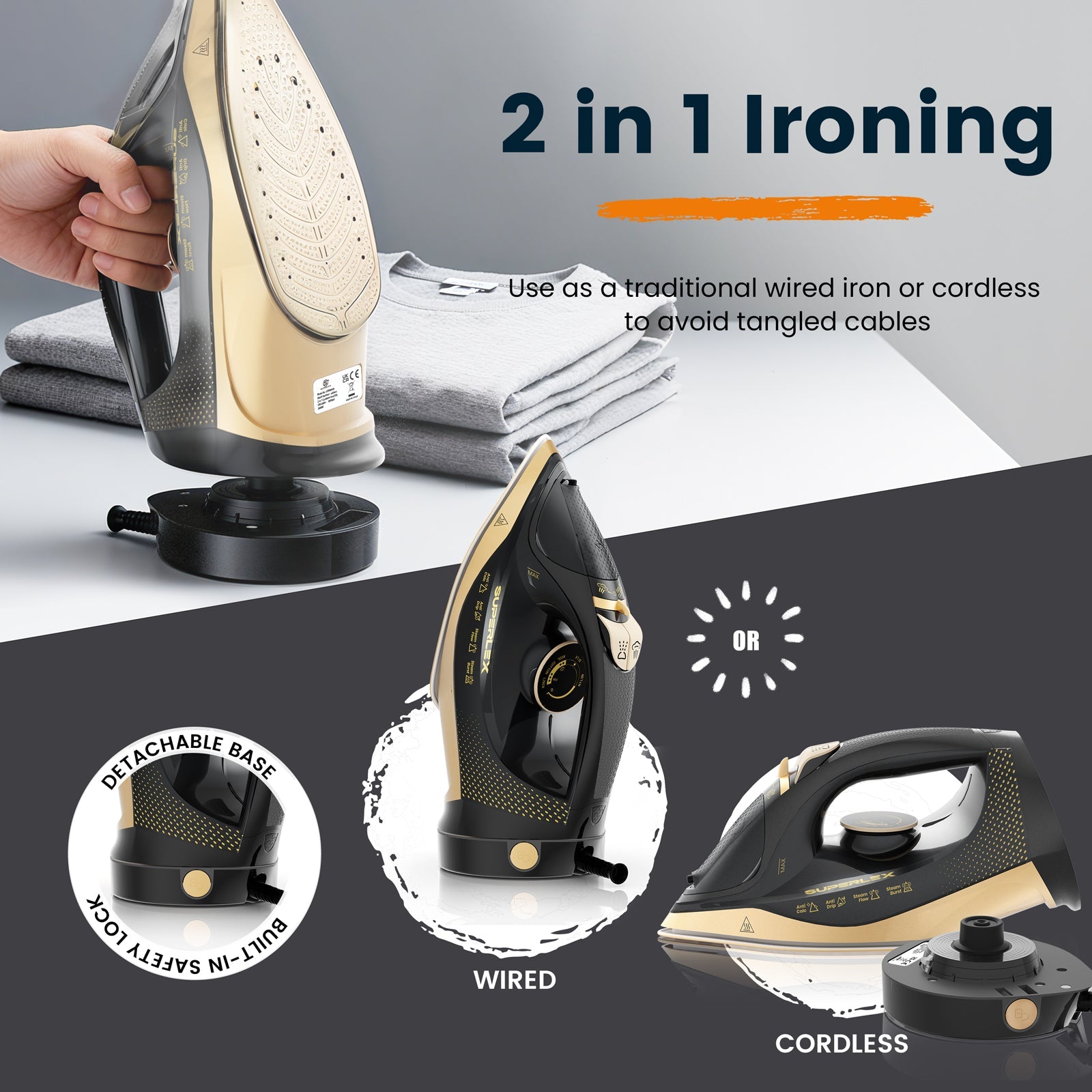 2400W 2-in-1 Cordless Steam Iron – Ceramic Soleplate & Skirt Spray