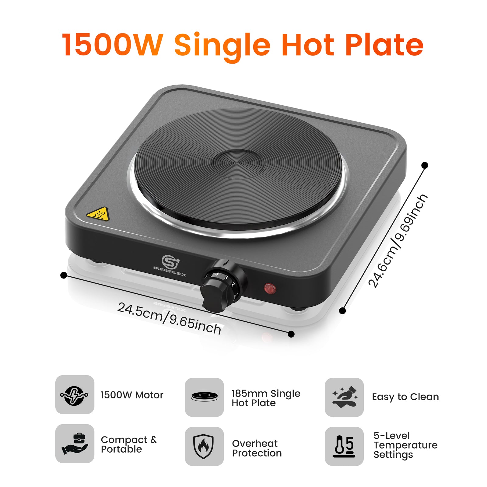 Single Hot Plate 1500W with Adjustable Thermostat & Compact Portable Design