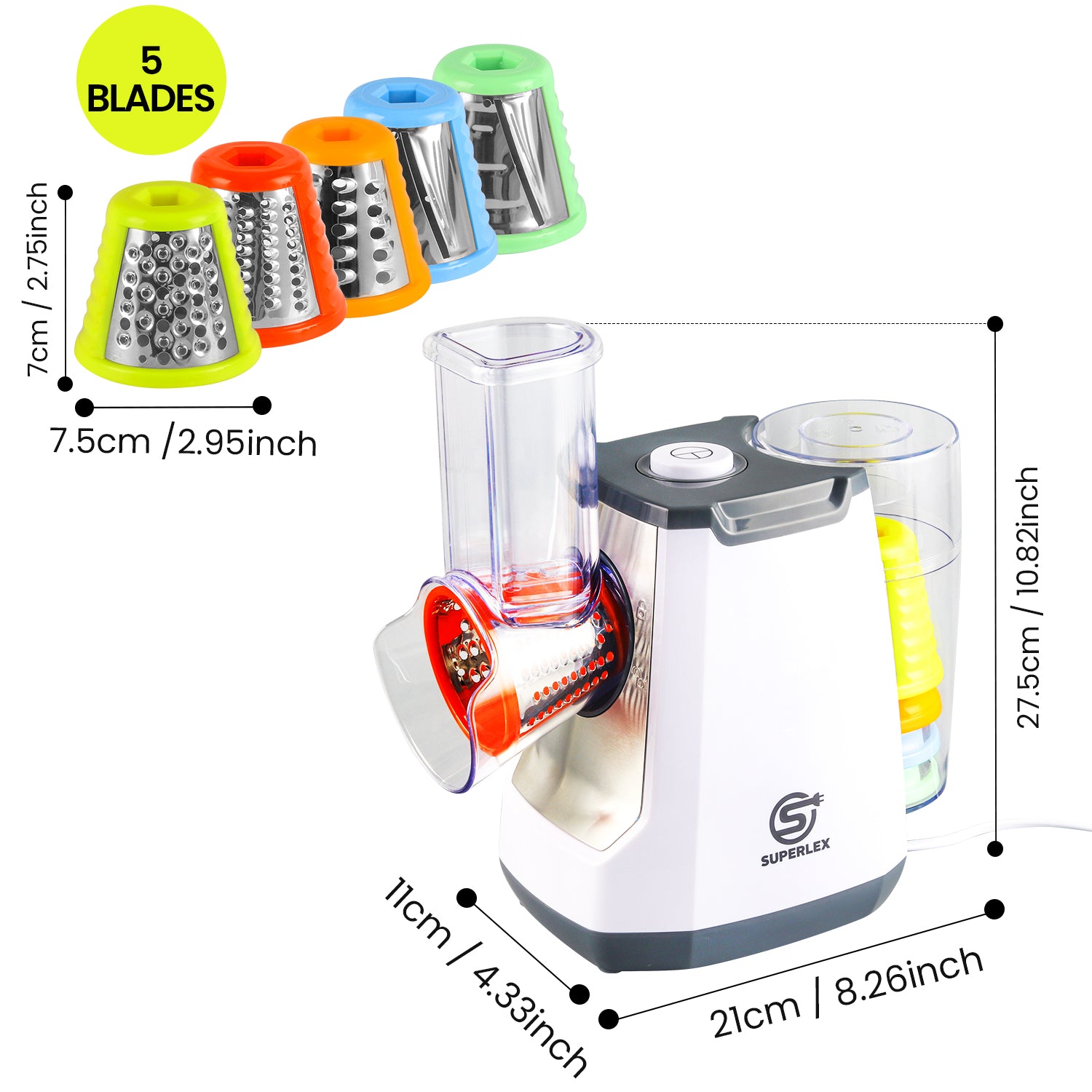 5-in-1 Electric Vegetable Slicer with 5 Interchangeable Blades for Fruits, Vegetables and Cheese
