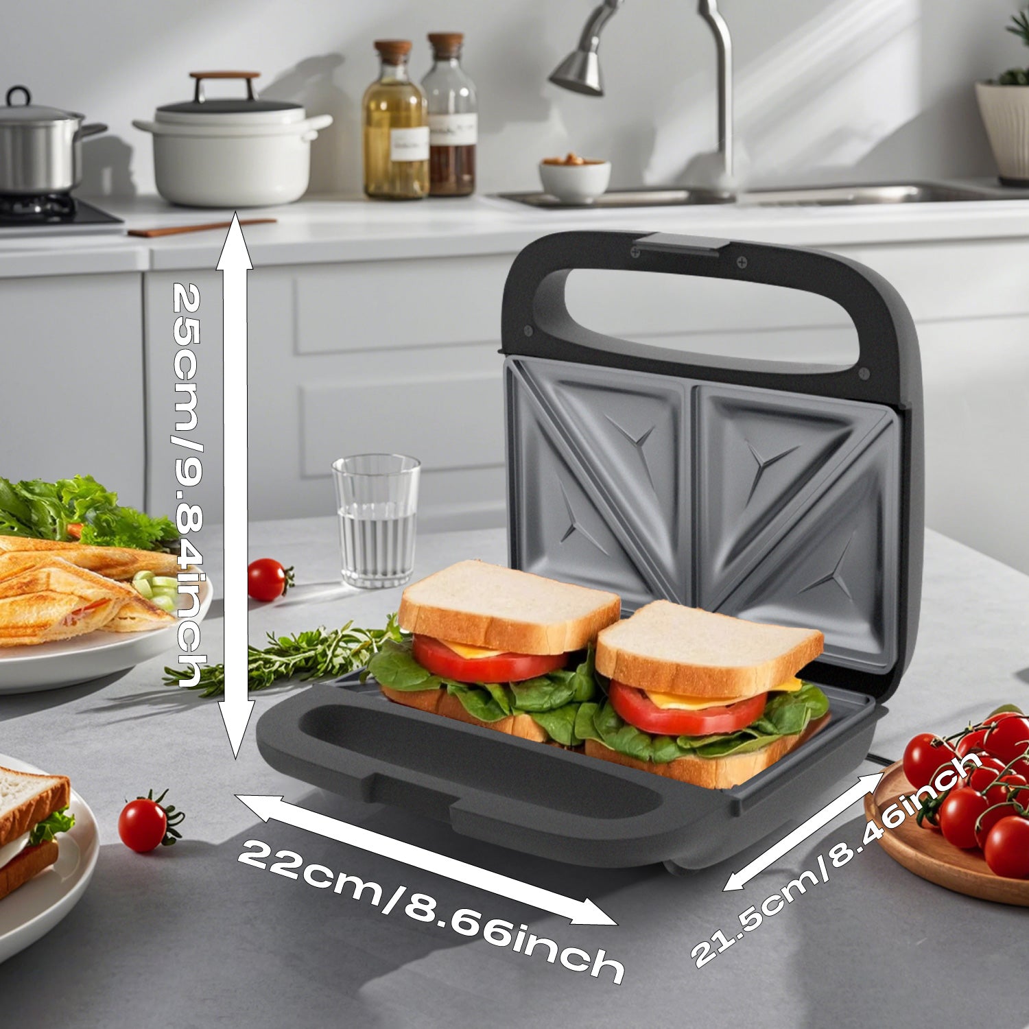 750W 2-Slice Sandwich Maker with Non-Stick Plates & Auto Temperature Control