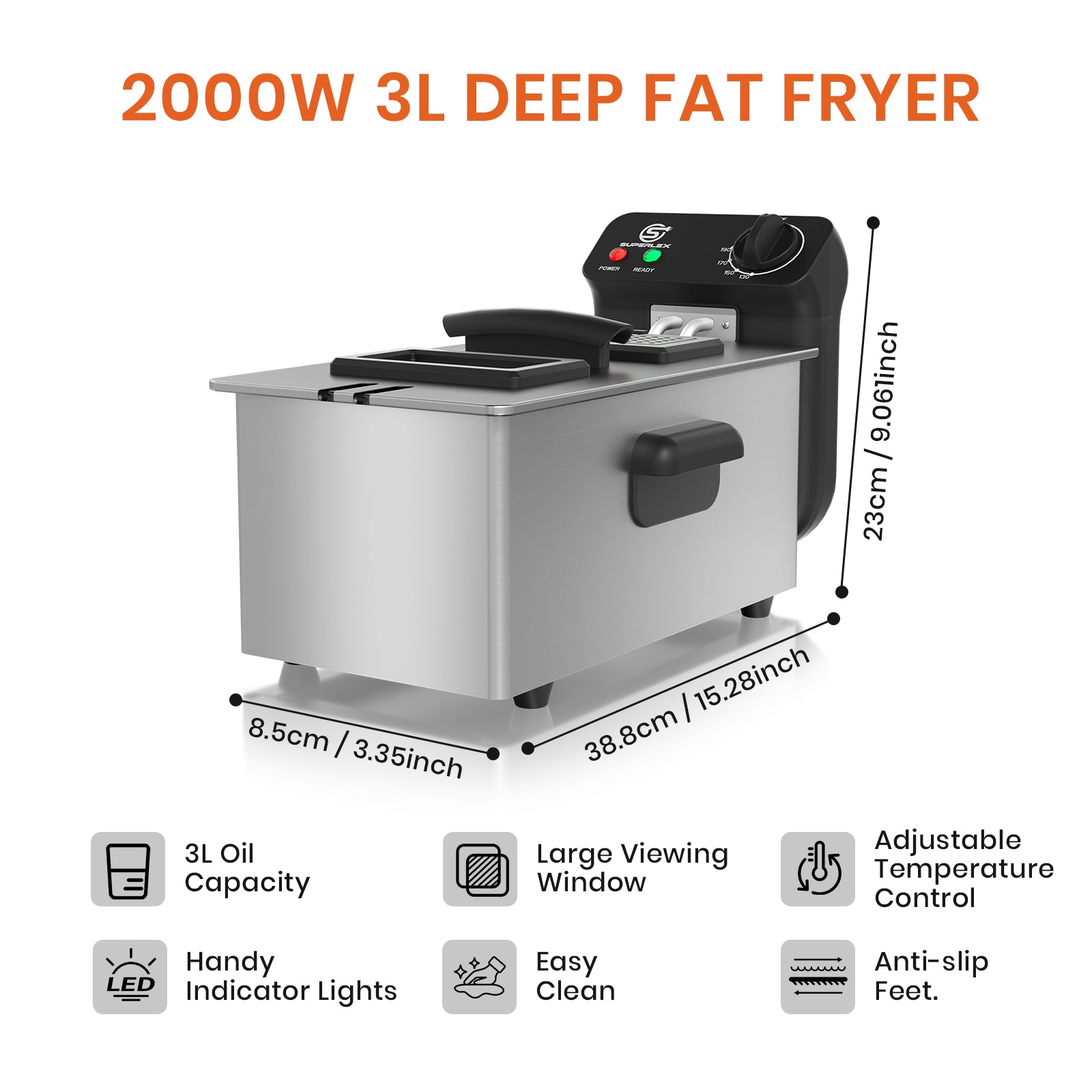 3L Stainless Steel Deep Fat Fryer 2000W with Adjustable Temperature & Safety Basket