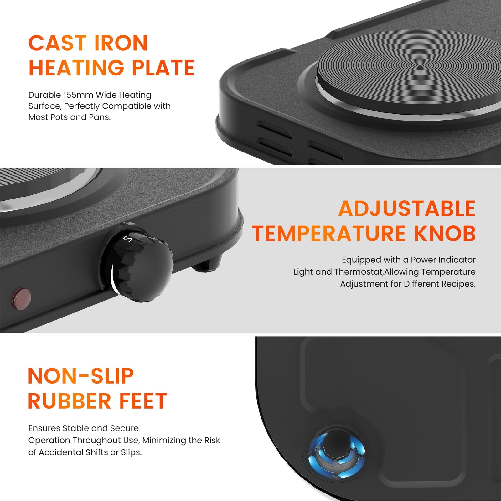 Double Hot Plate 2000W with Dual Cast Iron Hobs & Independent Temperature Control