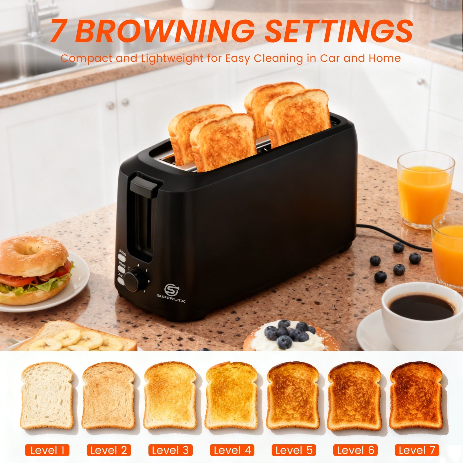 1450W Long Slot 4-Slice Toaster with Adjustable Browning & Auto Pop-Up