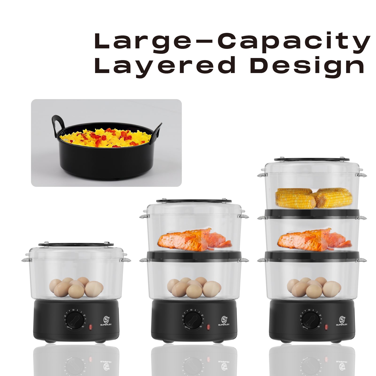 550W 3-Tier Food Steamer with 60-Min Timer & 2.5L Capacity per Layer