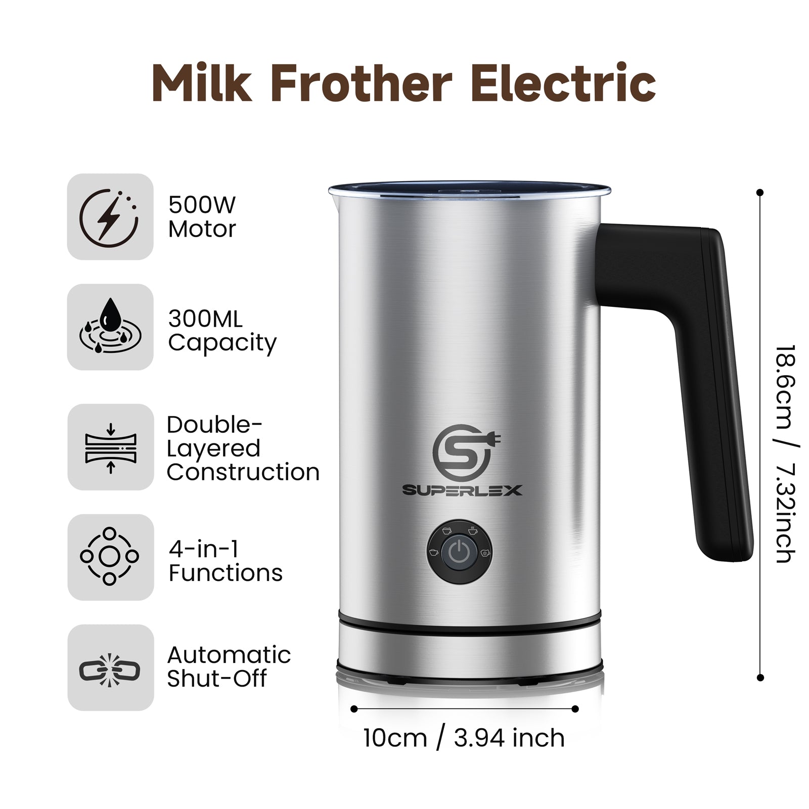 500W 4-In-1  Stainless Steel Milk Frother with Safe & Easy One-Touch Operation