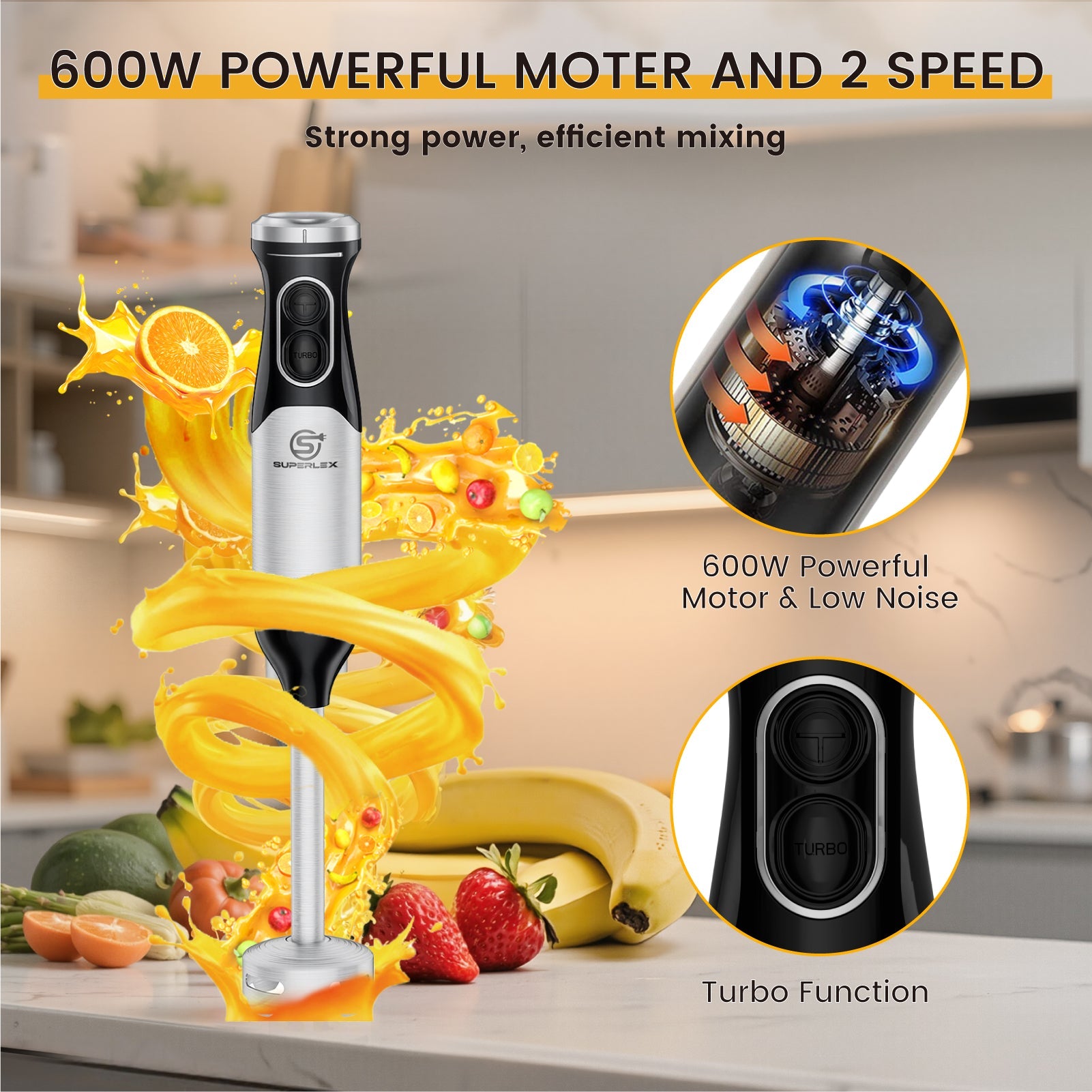 3-in-1 Hand Blender with 350W Motor & 304 Stainless Steel Blades