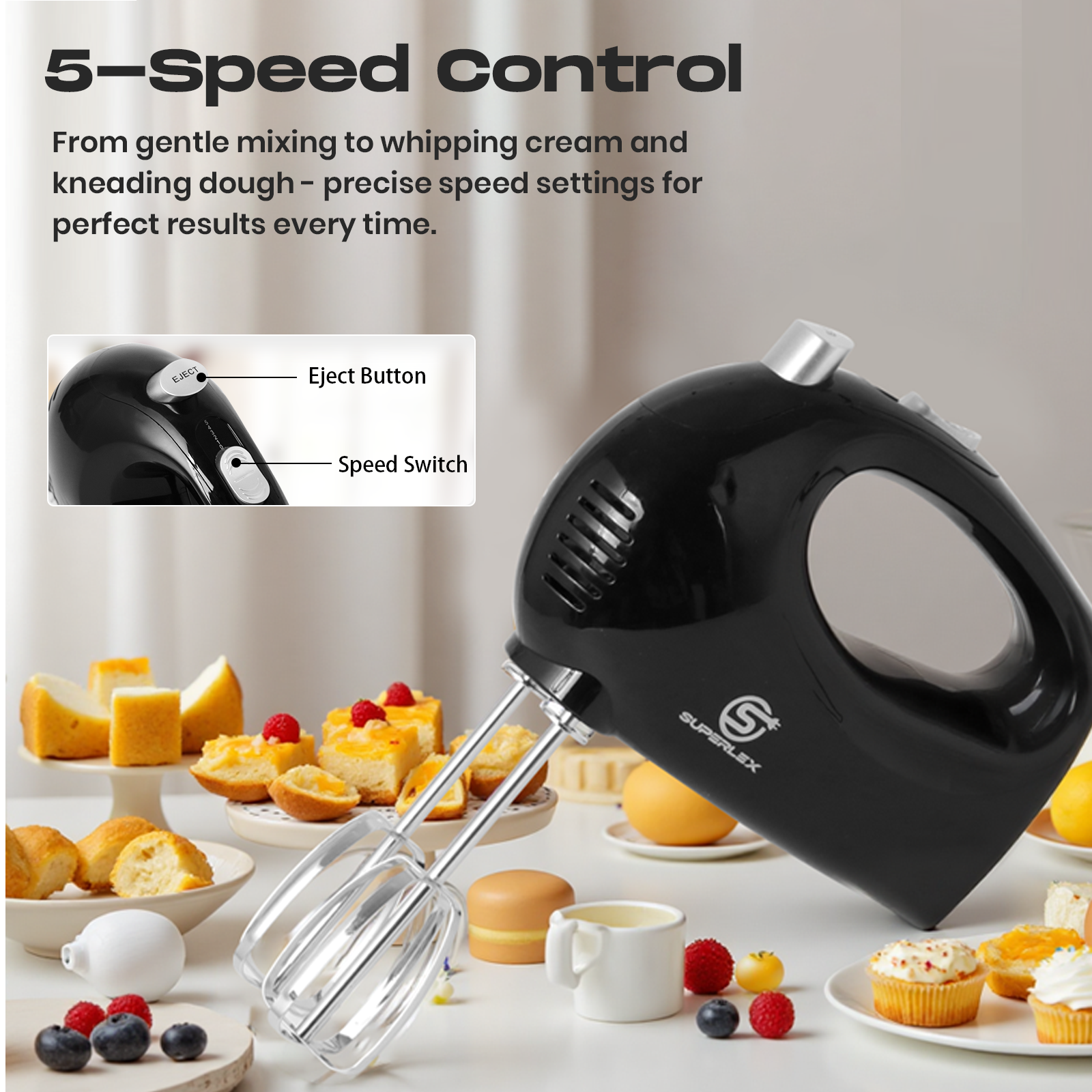 250W Hand Mixer with 5 Speeds, Whisk & Dough Hook Attachments