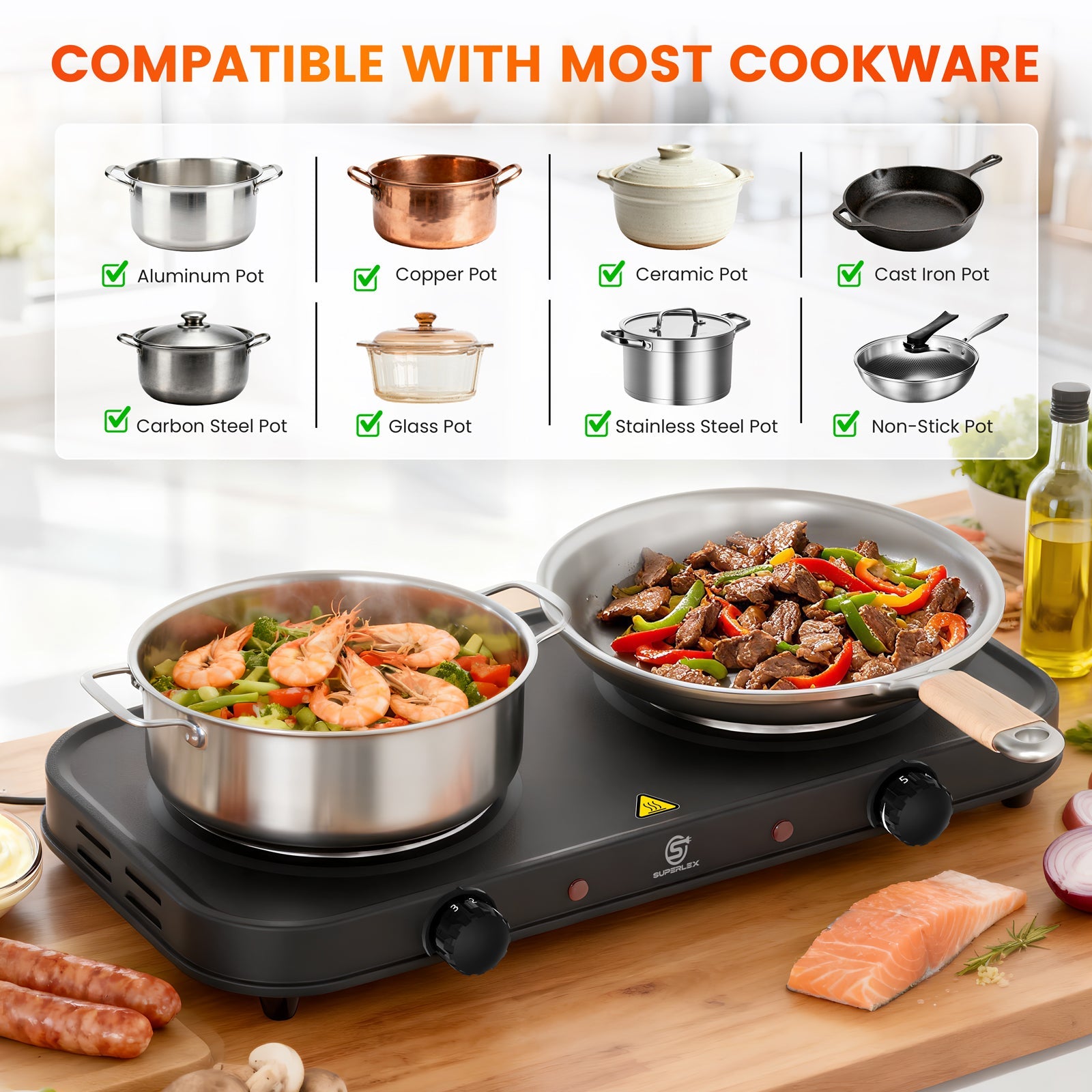 Double Hot Plate 2000W with Dual Cast Iron Hobs & Independent Temperature Control