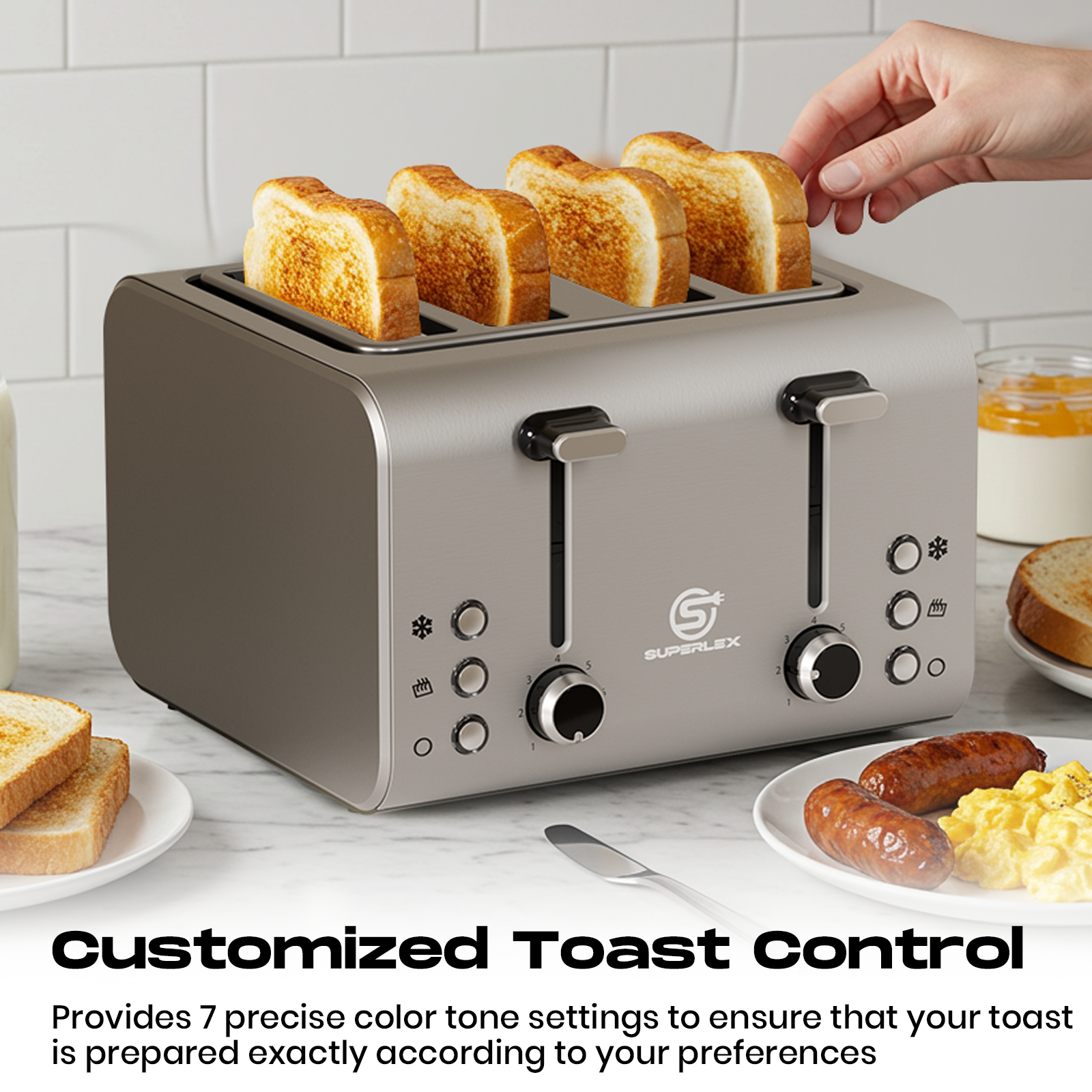 4-Slice Stainless Steel Toaster 1400-1600W with Digital Display & Multi-Function Settings