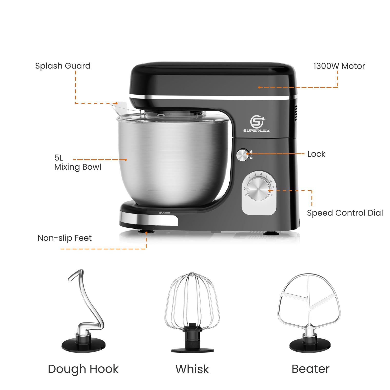 5L Stand Mixer with 1300W Motor & Multi-Function Attachments