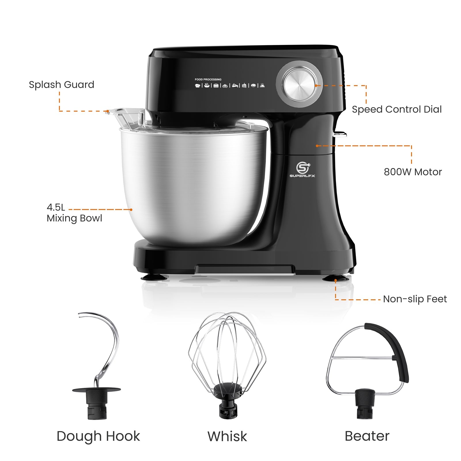 800W Stand Mixer with 4.5L Stainless Steel Bowl & 10-Speed Control