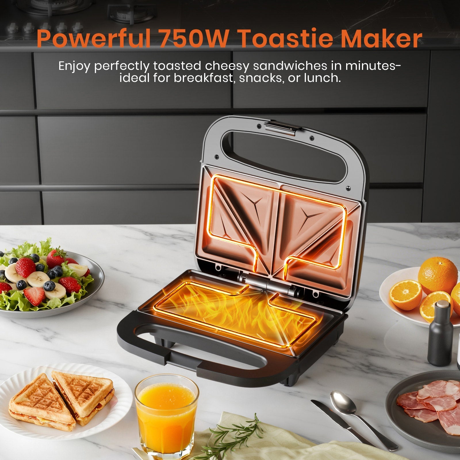 750W 2-Slice Sandwich Maker with Non-Stick Plates & Auto Temperature Control