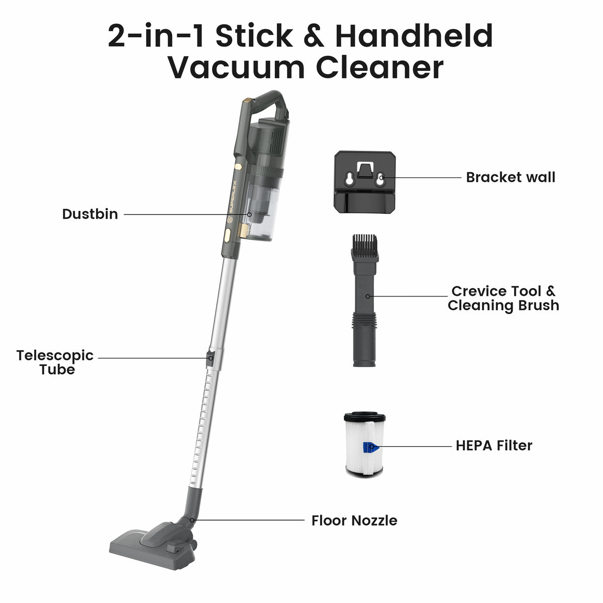 2-in-1 Handheld Vacuum Cleaner with Powerful 16.5KPa Suction