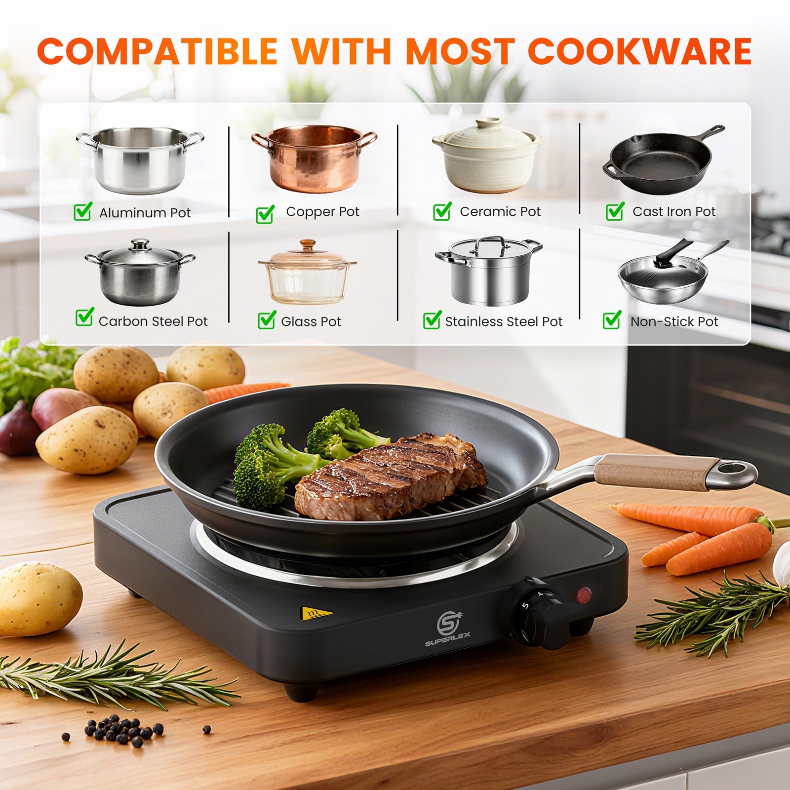 Single Hot Plate 1500W with Adjustable Thermostat & Compact Portable Design