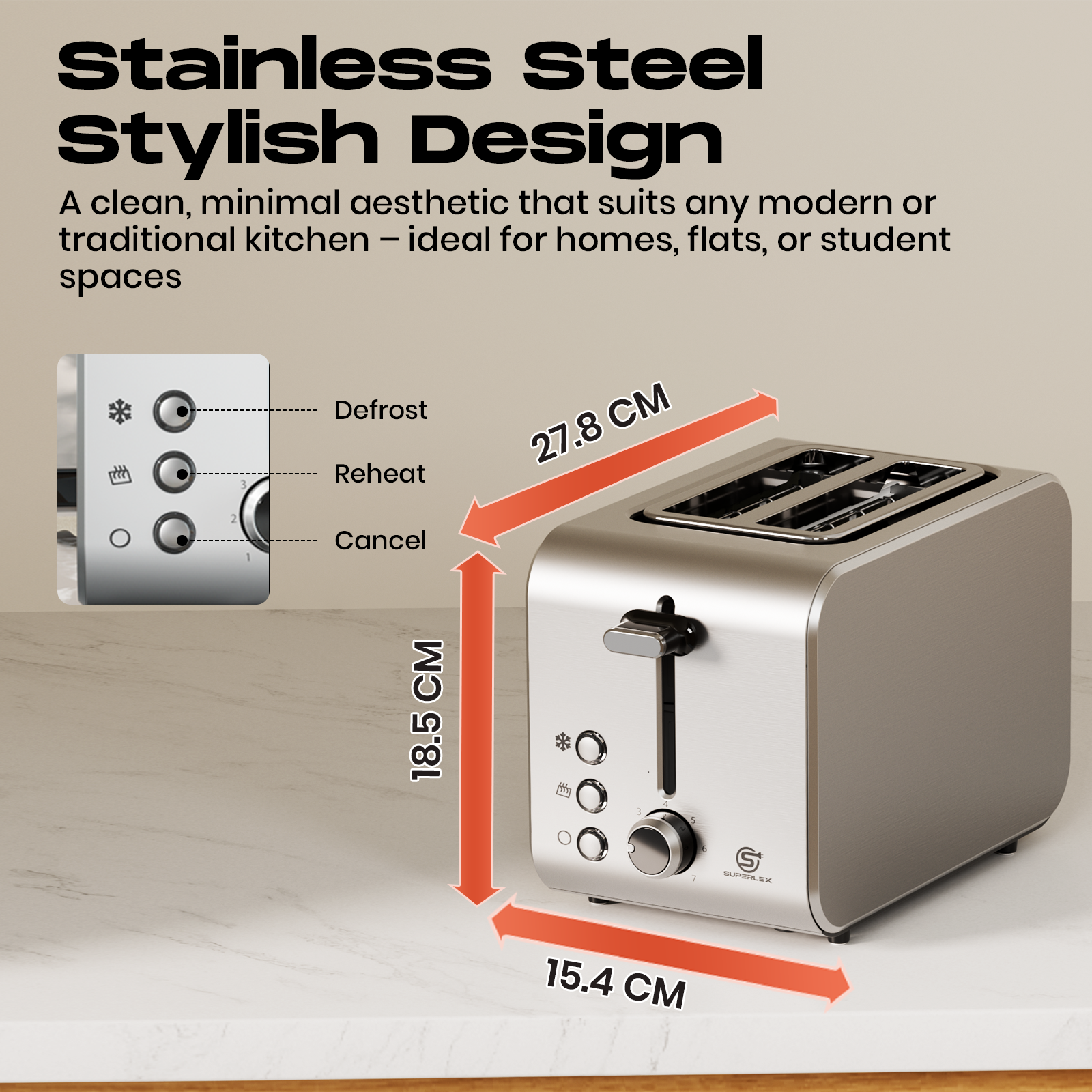 2-Slice Stainless Steel Toaster with 715-850W Fast Heating & Digital Controls