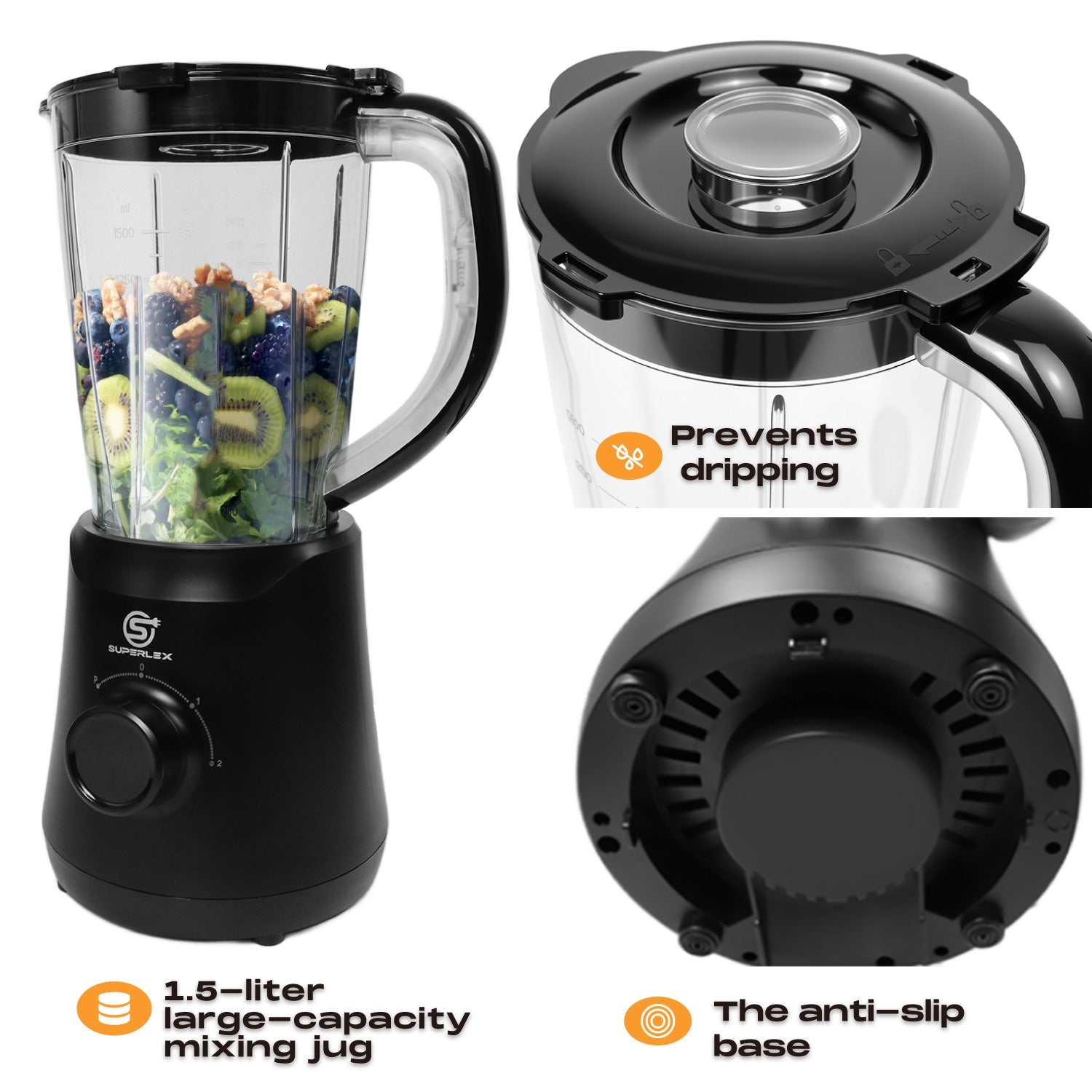 500W Jug Blender with 1.5L Capacity & Stainless Steel Blades