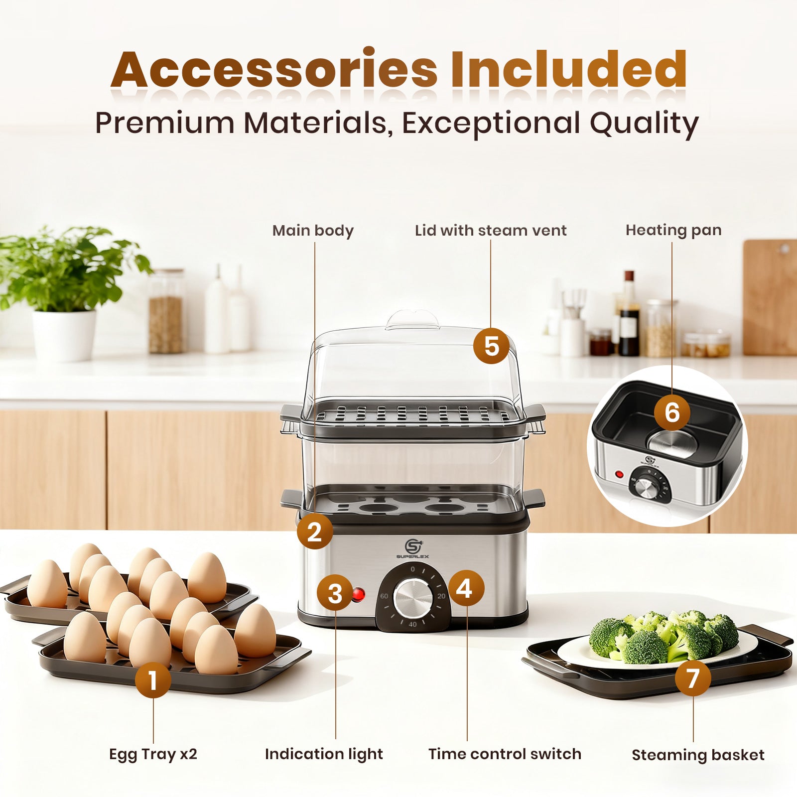 2-Layer Stainless Steel Egg Cooker for 16 Eggs with Adjustable Timer and Multifunctional Steamer