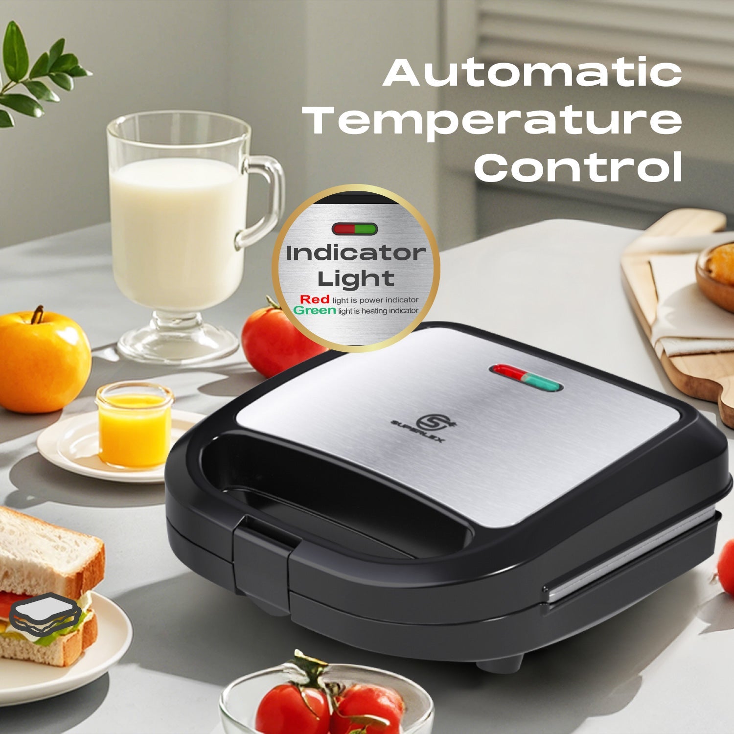 Stainless Steel Sandwich Maker 750W with Dual-Slice Non-Stick Plates