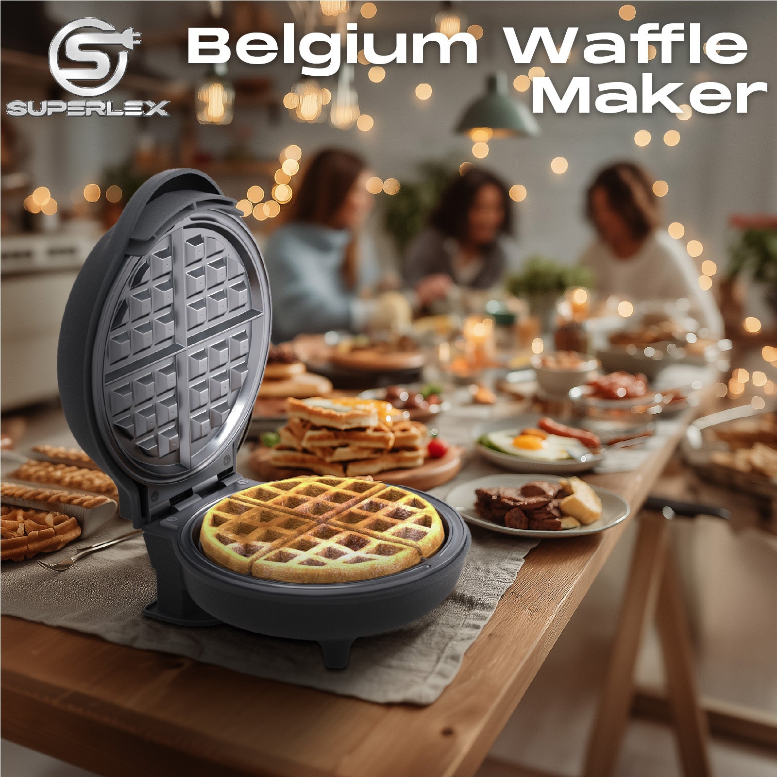 750W Belgium Waffle Maker – 4-Waffle Capacity with Auto Temperature Control