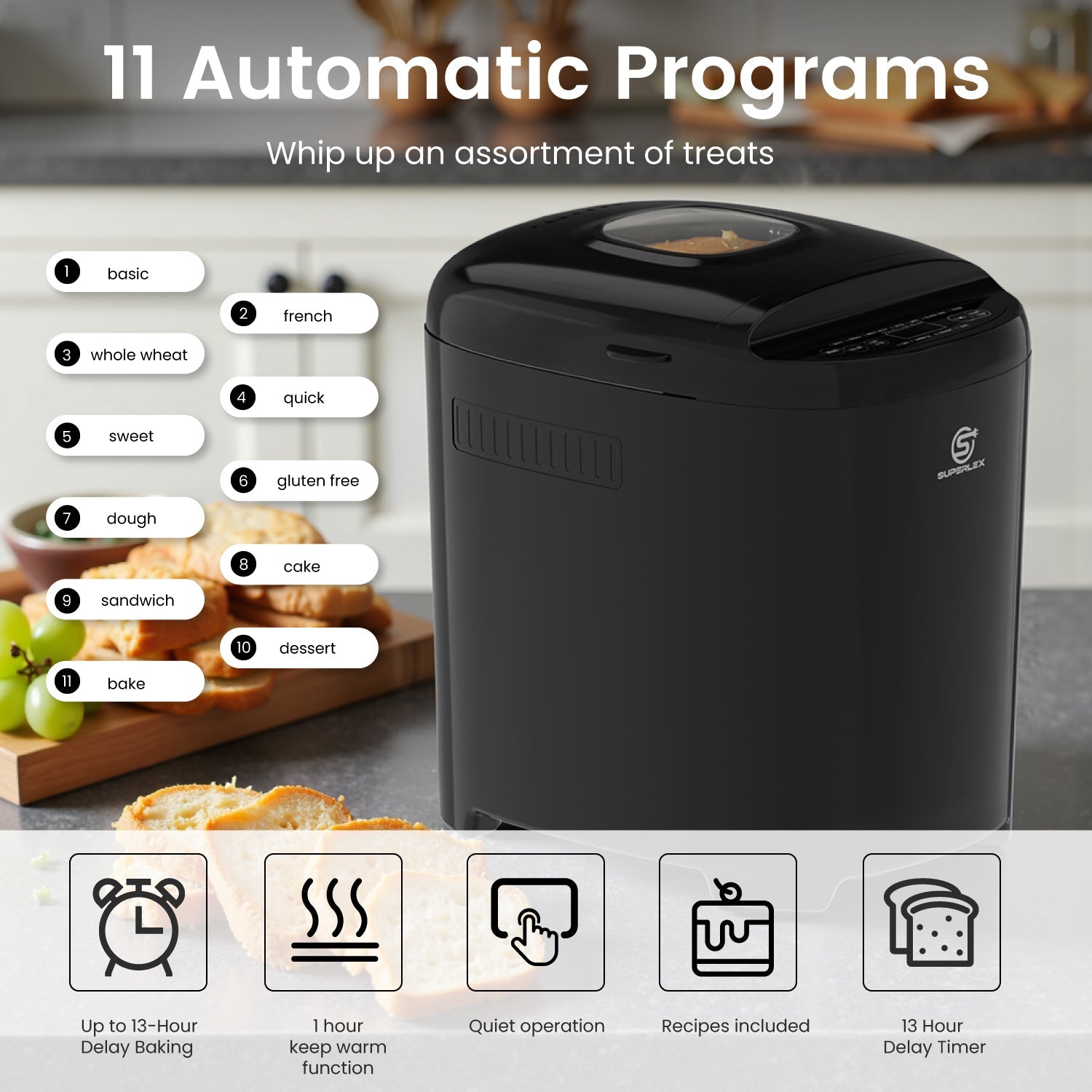 Bread Maker with 11 Programs, Dual Loaf Sizes & 13-Hour Delay Timer