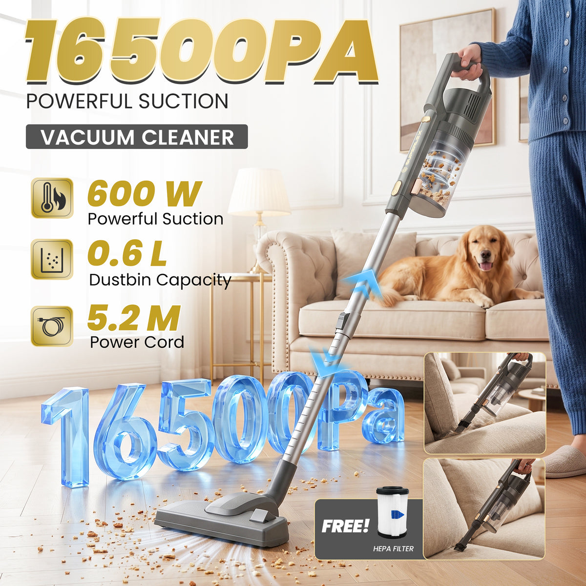 2-in-1 Handheld Vacuum Cleaner with Powerful 16.5KPa Suction