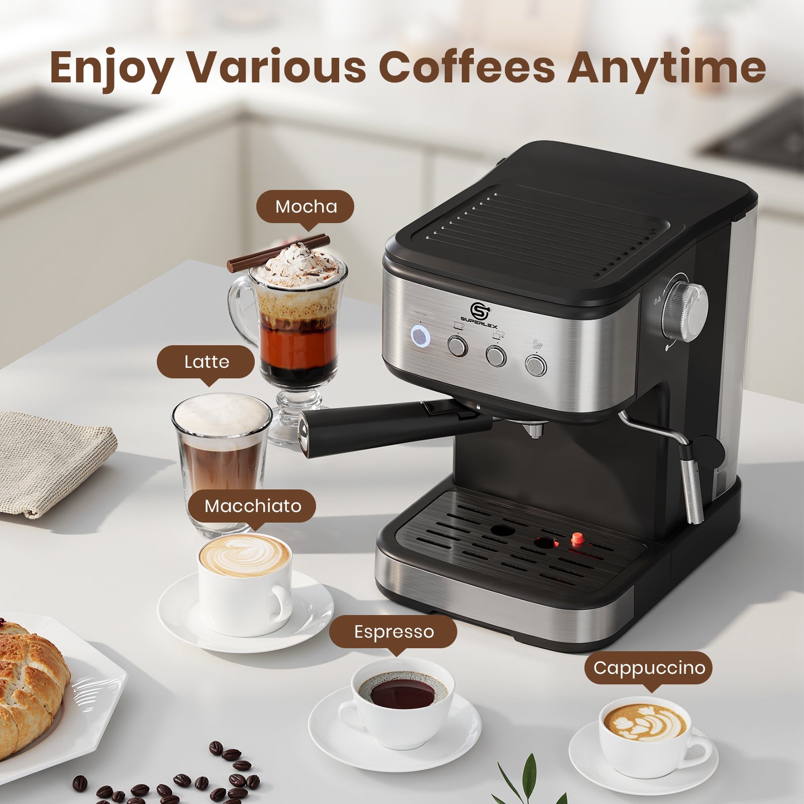 15 Bar Espresso Coffee Maker 1.5L with High-Pressure Frother & Dual Filters