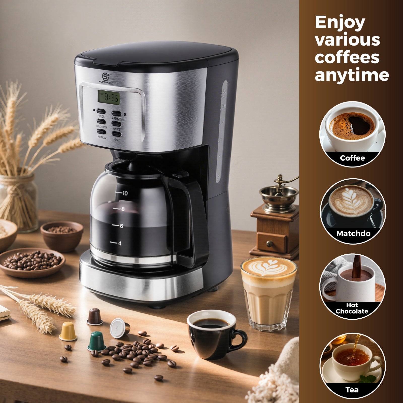 1.5L Drip Coffee Maker 900W with Programmable Timer & LCD Display