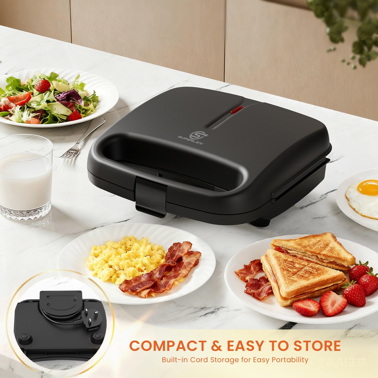 750W 2-Slice Sandwich Maker with Non-Stick Plates & Auto Temperature Control