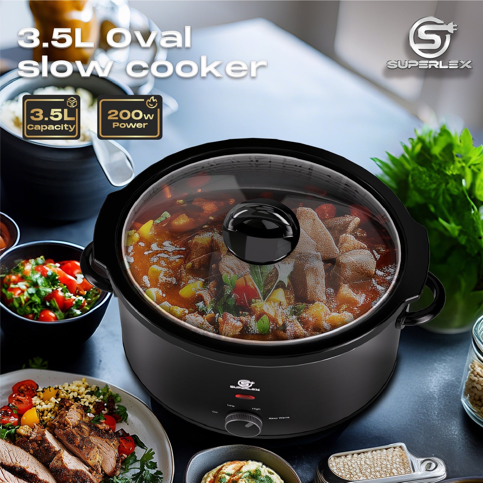 3.5L Oval Slow Cooker with Ceramic Pot – Energy Efficient & Multi-Function