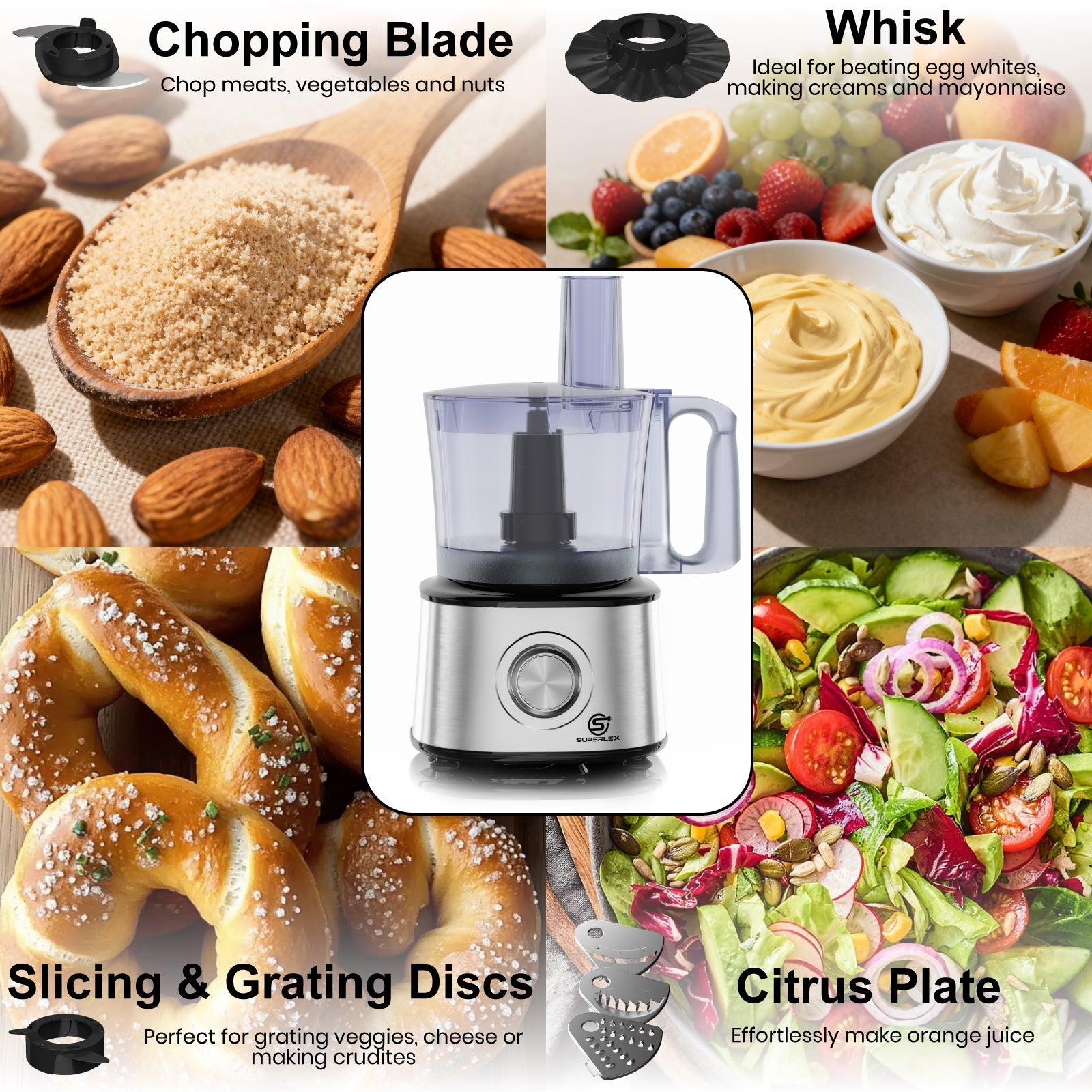 Compact Stainless Steel Food Processor with 1.75L Jar & Multi-Function Blades