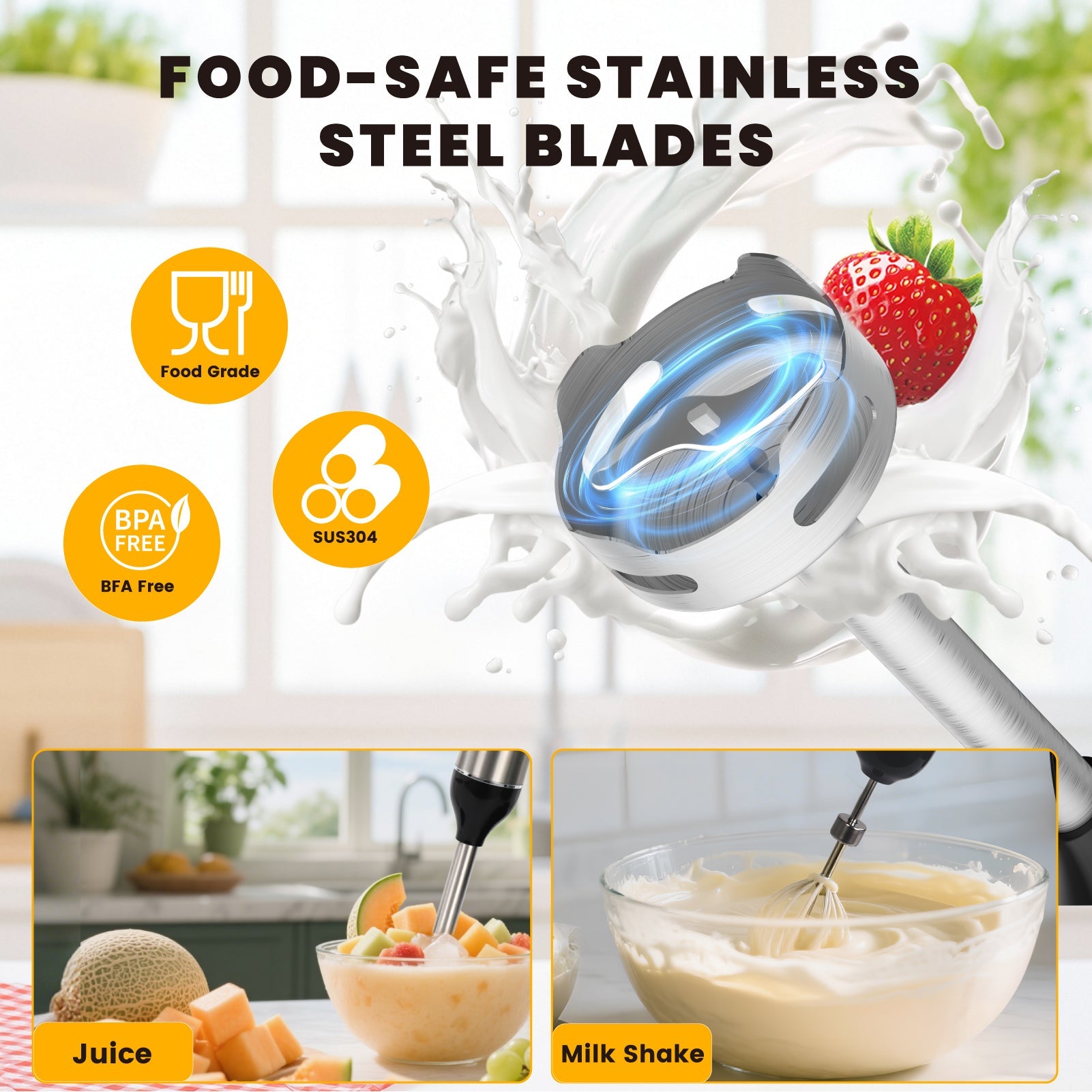 3-in-1 Hand Blender with 350W Motor & 304 Stainless Steel Blades