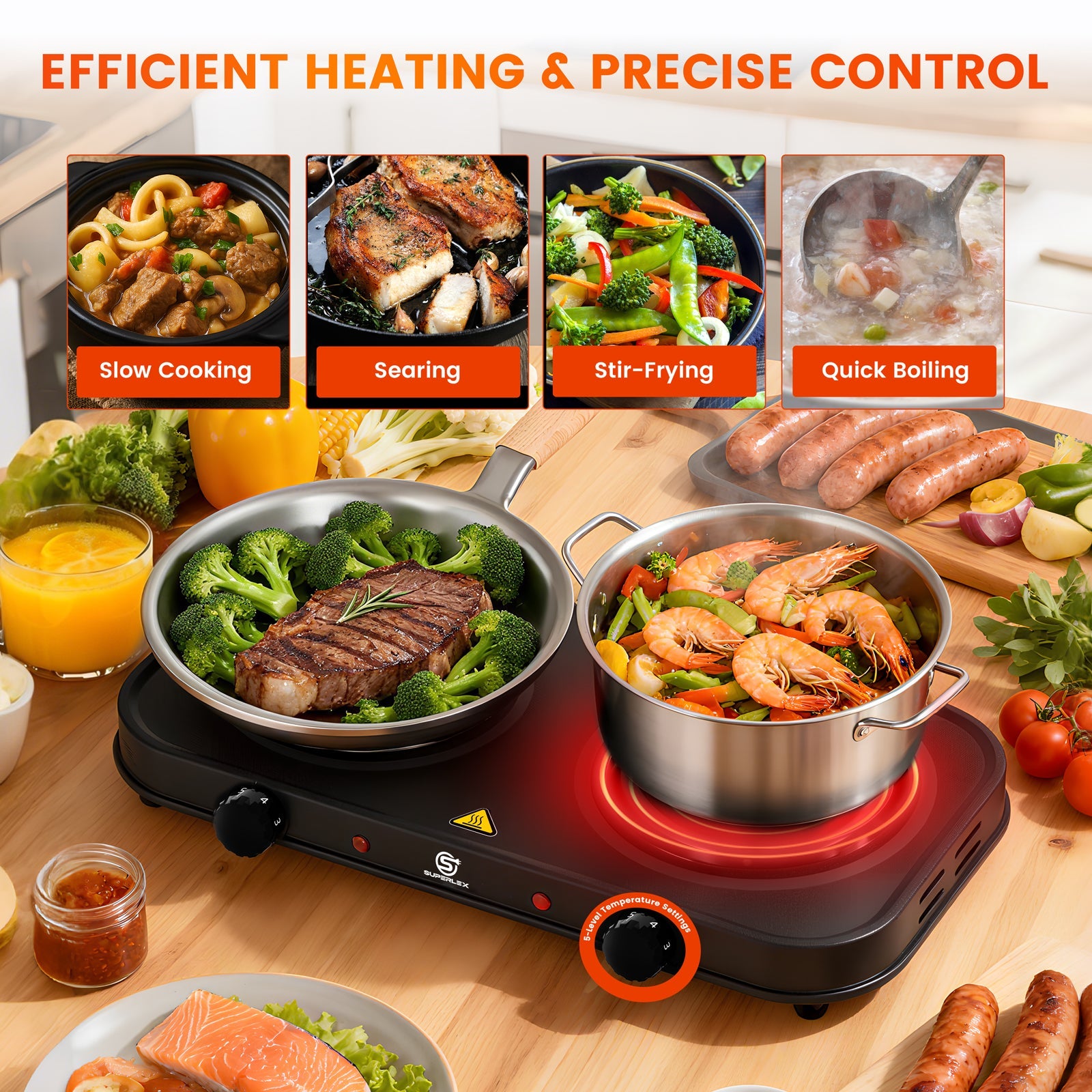 Double Hot Plate 2000W with Dual Cast Iron Hobs & Independent Temperature Control