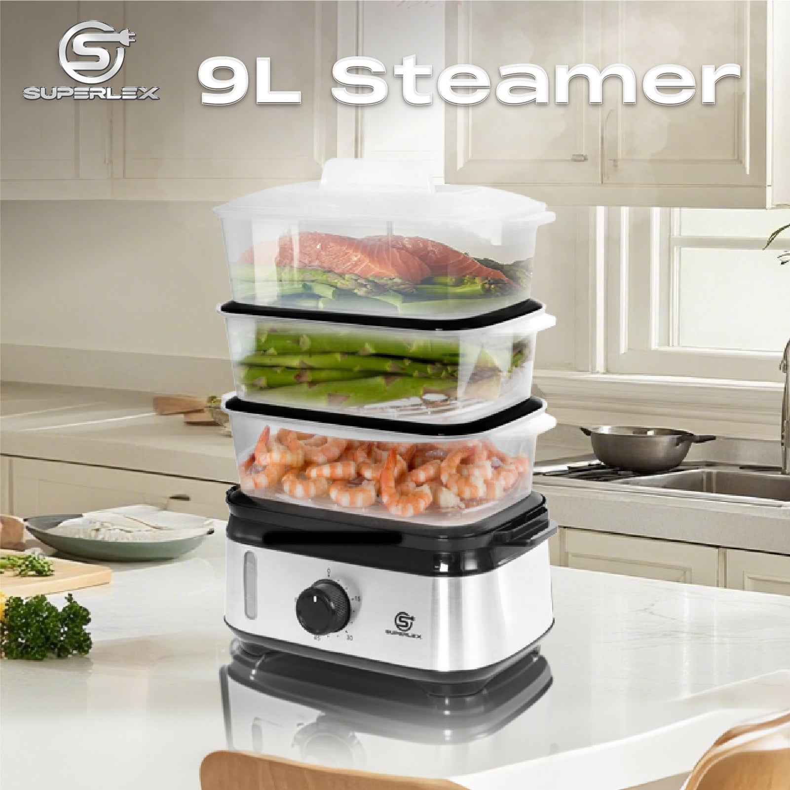 9L 3-Tier Food Steamer 800-950W with Timer & Non-Stick Heating Plate