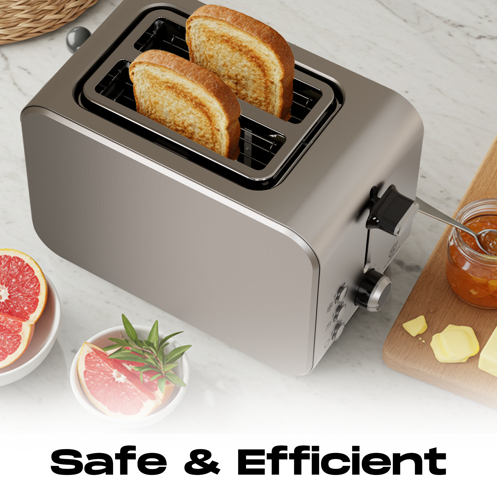 2-Slice Stainless Steel Toaster with 715-850W Fast Heating & Digital Controls